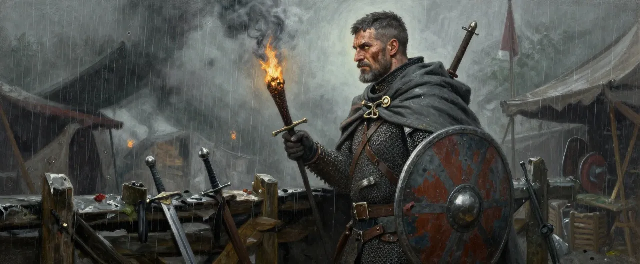 A broad-shouldered, weathered human man in his late thirties, grey already threading his close-cropped dark hair and beard. He wears dented but well-maintained chain mail over a salt-stained gambeson, a battered round shield slung across his back, and a longsword at his hip. A heavy crossbow rests across his shoulder. His ash-grey watch cloak is conspicuously absent — the empty clasp at his collar is polished from years of use. He stands unhurried before a rain-soaked barricade in a plague-marked market square, torchlight catching the grim set of his jaw. Dark fantasy horror style, muted greys and greens, fog and drizzle.