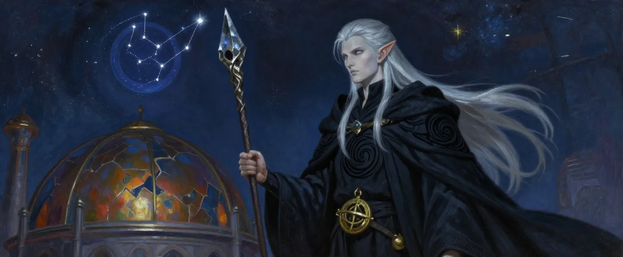 A tall, gaunt elf with pale, almost translucent skin and long silver-white hair pulled back severely. He wears layered dark robes of deep midnight blue-black, embroidered with a writhing black spiral sigil on the chest and sleeves. His eyes are pale grey, cold and calculating, with a faint unsettling depth as if gazing into a distant black hole. He holds a gnarled quarterstaff topped with a shard of star-metal, and a brass astrolabe hangs at his belt. Behind him, the cracked copper dome of the ruined Observatory of Falling Stars glows faintly with starlight, and a shimmering constellation of a needle piercing a circle hovers in the air.