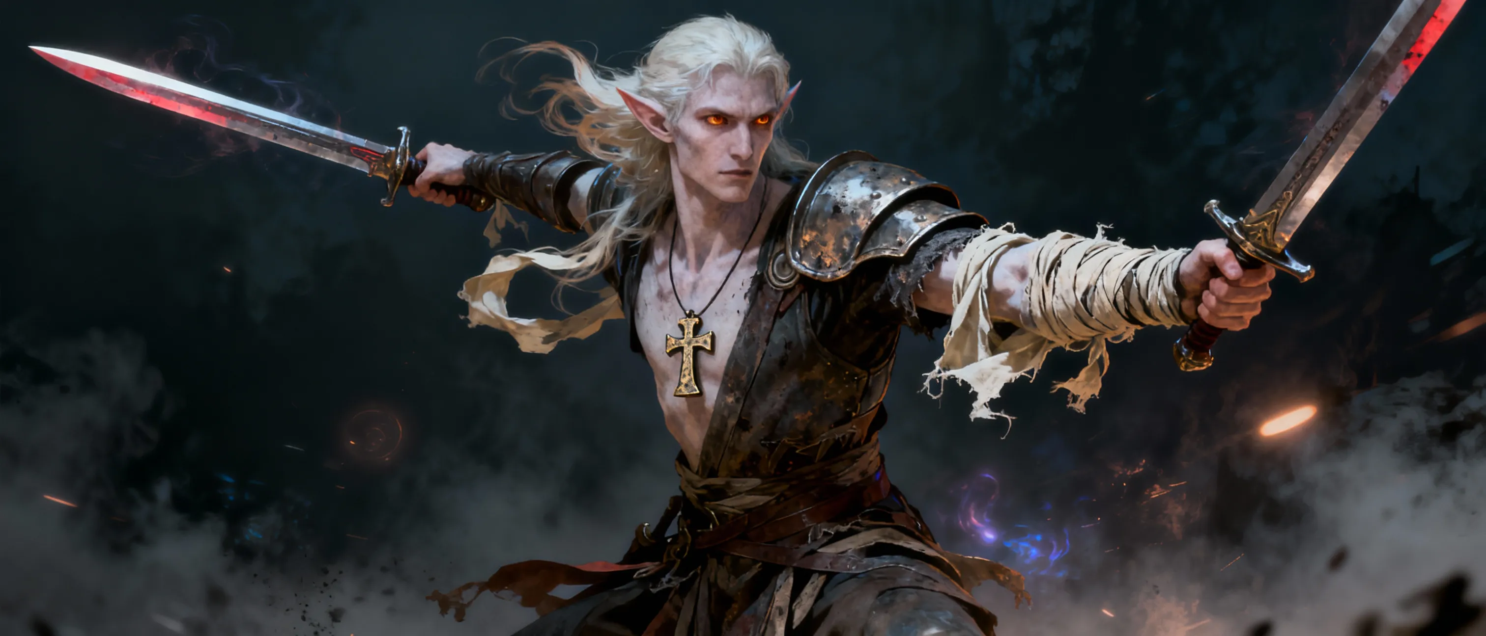 Race Aasimar, gender male, class blood hunter, rejected by the holy power turned to the blood arts