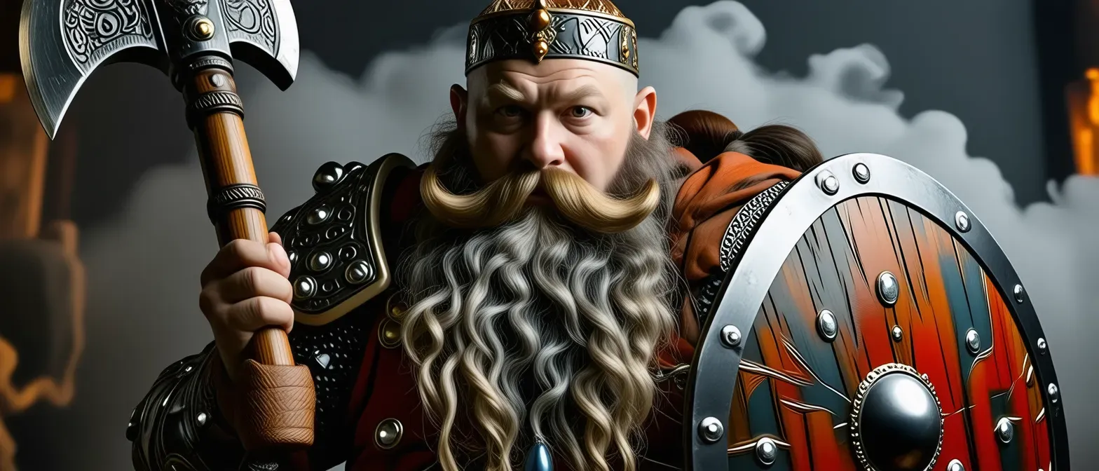 A stout dwarf with a magnificent beard. Wears regal armor adorned with gems. Carries a large shield and a gleaming warhammer.