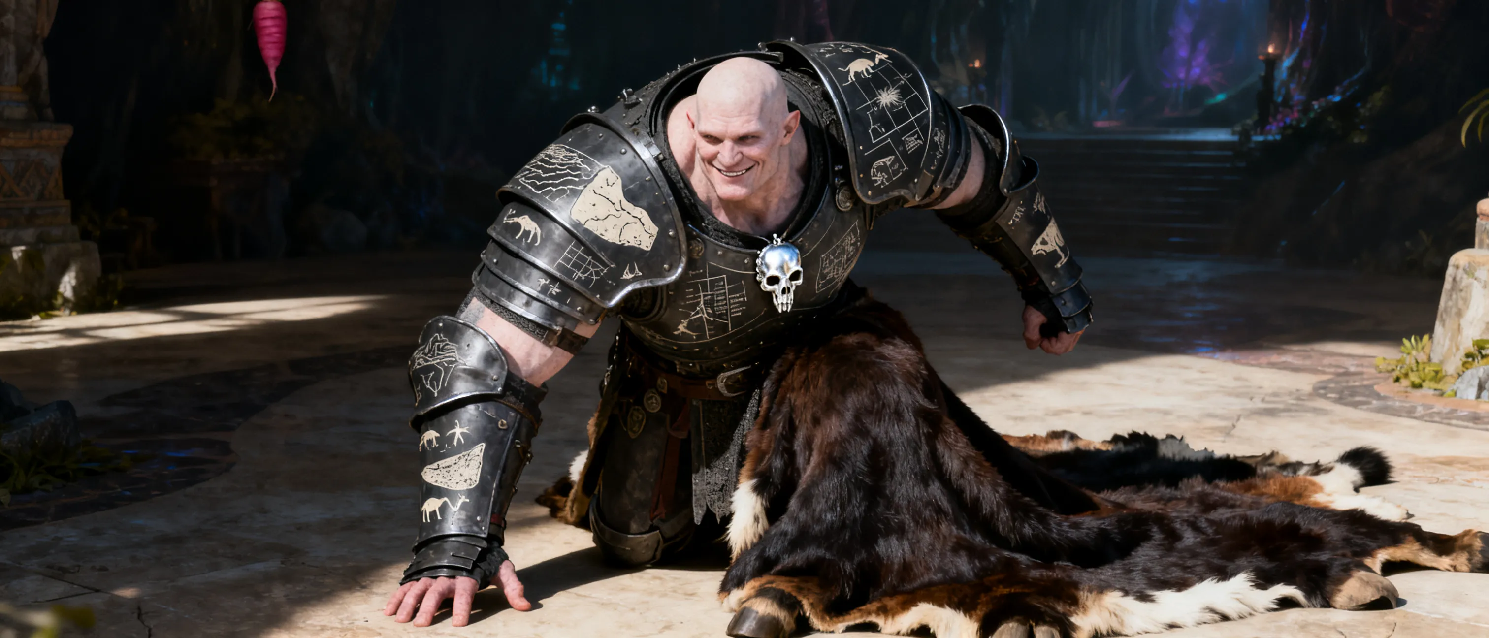 Paladin

The Figure: A towering, seven-foot-tall giant. He is entirely hairless—no eyebrows, eyelashes, or beard—with skin the color of a "white radish" or a scrubbed infant. He wears a permanent, serene, and terrifyingly wide smile.
The Armor: Instead of traditional shining steel, his plate armor is made of cold, blackened iron or unpolished "charcoal" steel. It should be oversized to accommodate his massive, fleshy frame.
Inscriptions: Rather than holy scripture, the armor is etched with complex geological diagrams, strange ancient runes, and sketches of prehistoric creatures—reflecting his obsession with recording and thus "owning" the world.
The Cloak: A heavy, floor-length mantle made of tattered buffalo hide or dark, sun-bleached velvet, pinned with a silver brooch shaped like a human skull or a scale that is permanently unbalanced.
