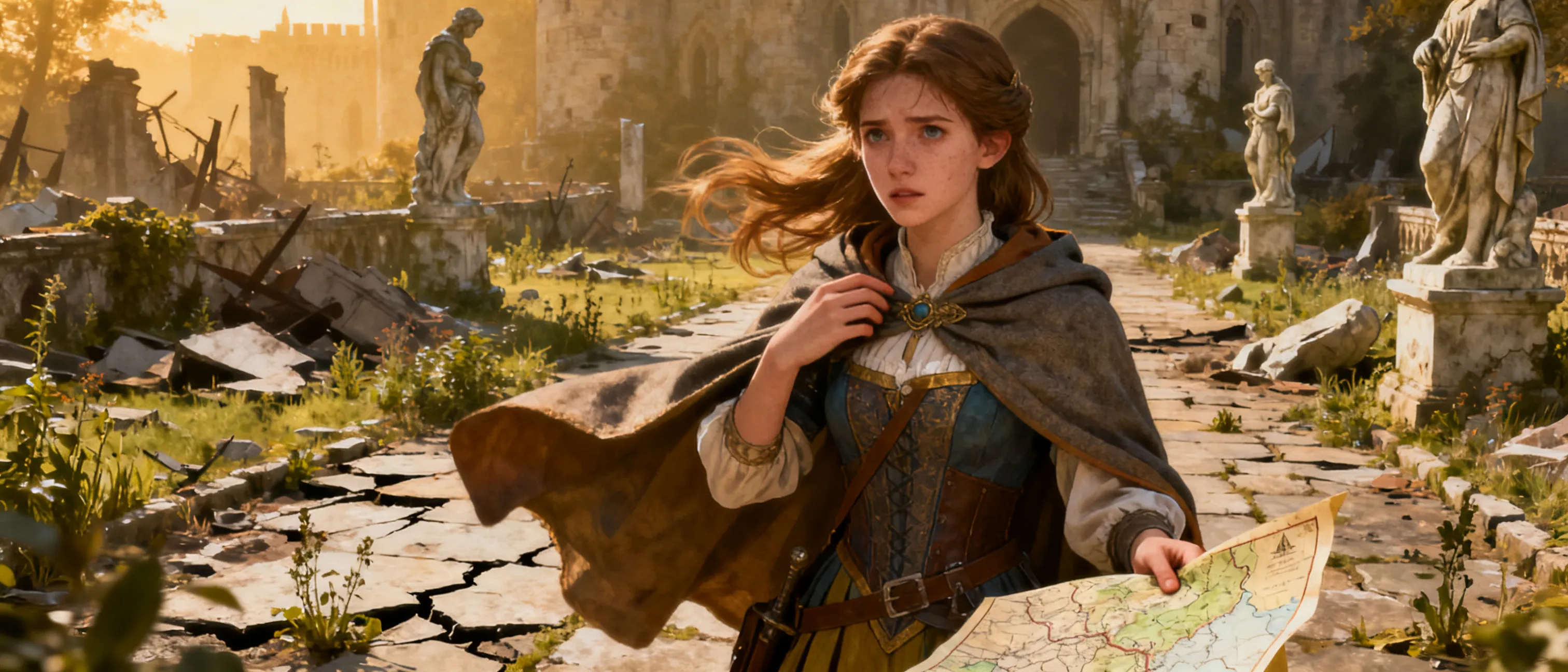 A young human princess in practical court dress with a travel cloak, composed gaze, polished manners, and a faintly weary nobility, standing in a war-scarred castle garden.