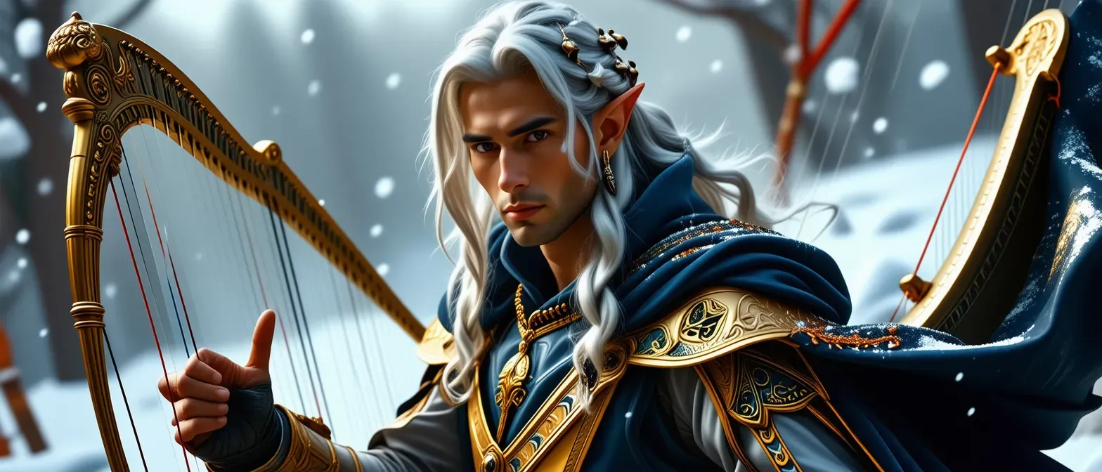 A sophisticated high elf bard with radiant silver hair, draped in elegant robes adorned with legal symbols, wielding a shimmering harp.