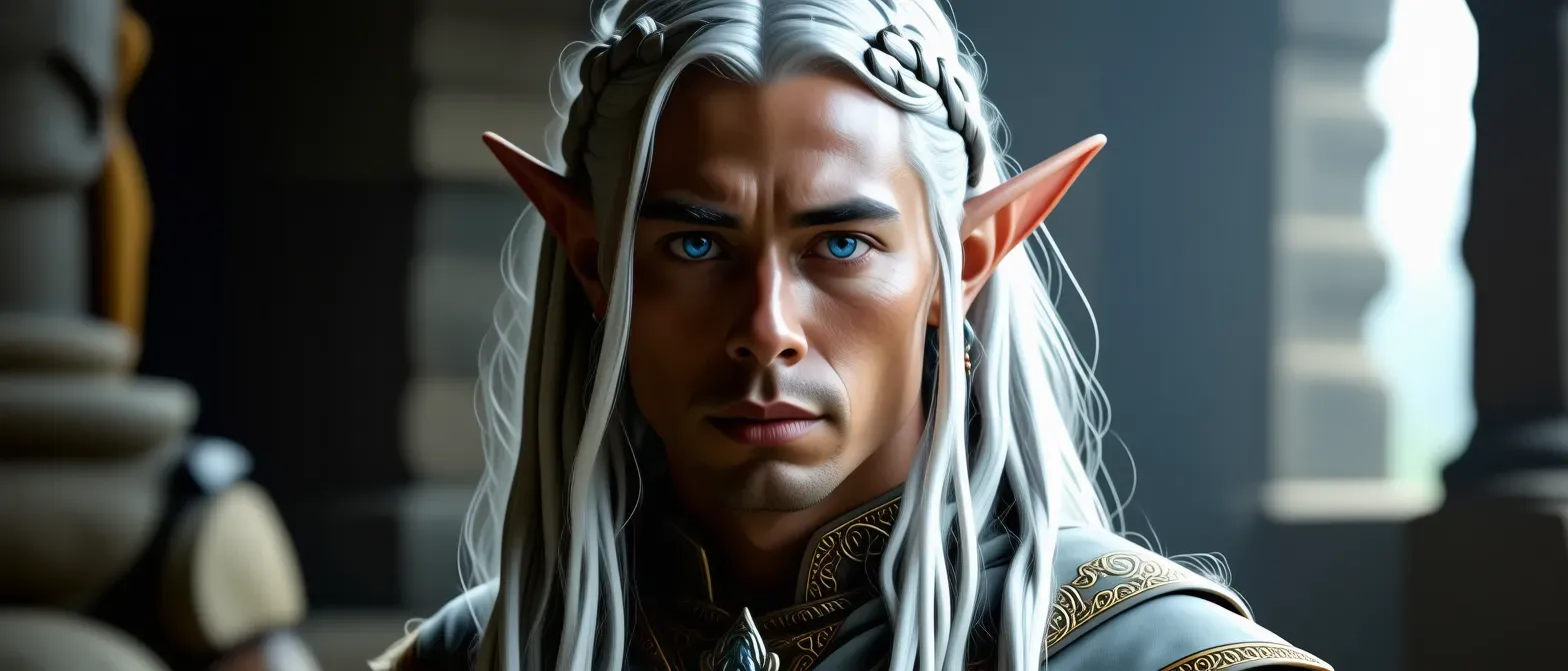 A stern high elf with silver hair, robes of mesmerizing hues, and bright blue eyes that scoff at lesser beings.