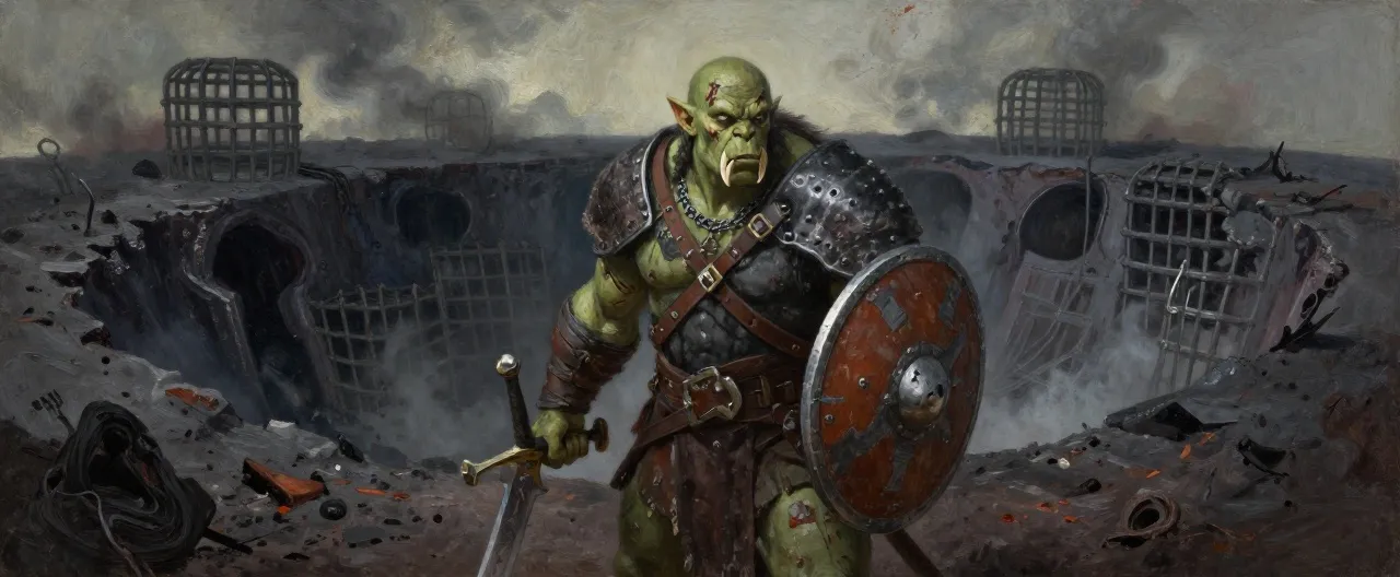 A weathered orc warrior standing at the edge of a vast ashen crater, his green-gray skin marked with old scars and war-paint smeared across one cheek. His left tusk is broken at half length, a jagged reminder of an old battle. He wears a mismatched chain shirt over a patched leather jerkin, a battered round shield strapped to his back, and grips a stolen longsword with a human-made crossguard that clearly doesn't belong to him. His eyes are sharp and weary, scanning the horizon of black soil and twisted iron. Behind him, the collapsed tunnels and iron cages of the breeding pits loom in the sulfurous haze. He carries no banner, no colors — only the weight of what he saw and walked away from.