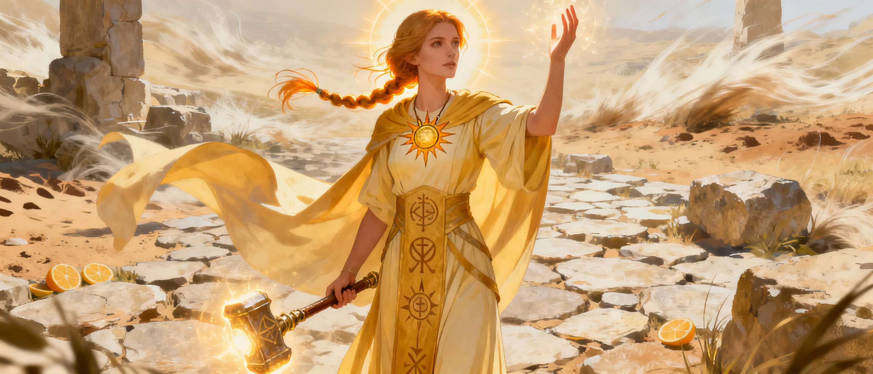 A tall, serene woman in sun-warmed robes of pale gold and cream, etched with sigils of Pelor. Her eyes carry a quiet, unwavering resolve, and a sunburst amulet rests over her heart. Her hair is gathered in a simple braid, strands catching the light as if she wears a halo of warmth around her head. She stands in a land of stone and wind, the scent of dry earth and citrus in the air, a beacon of hope amid uncertainty.