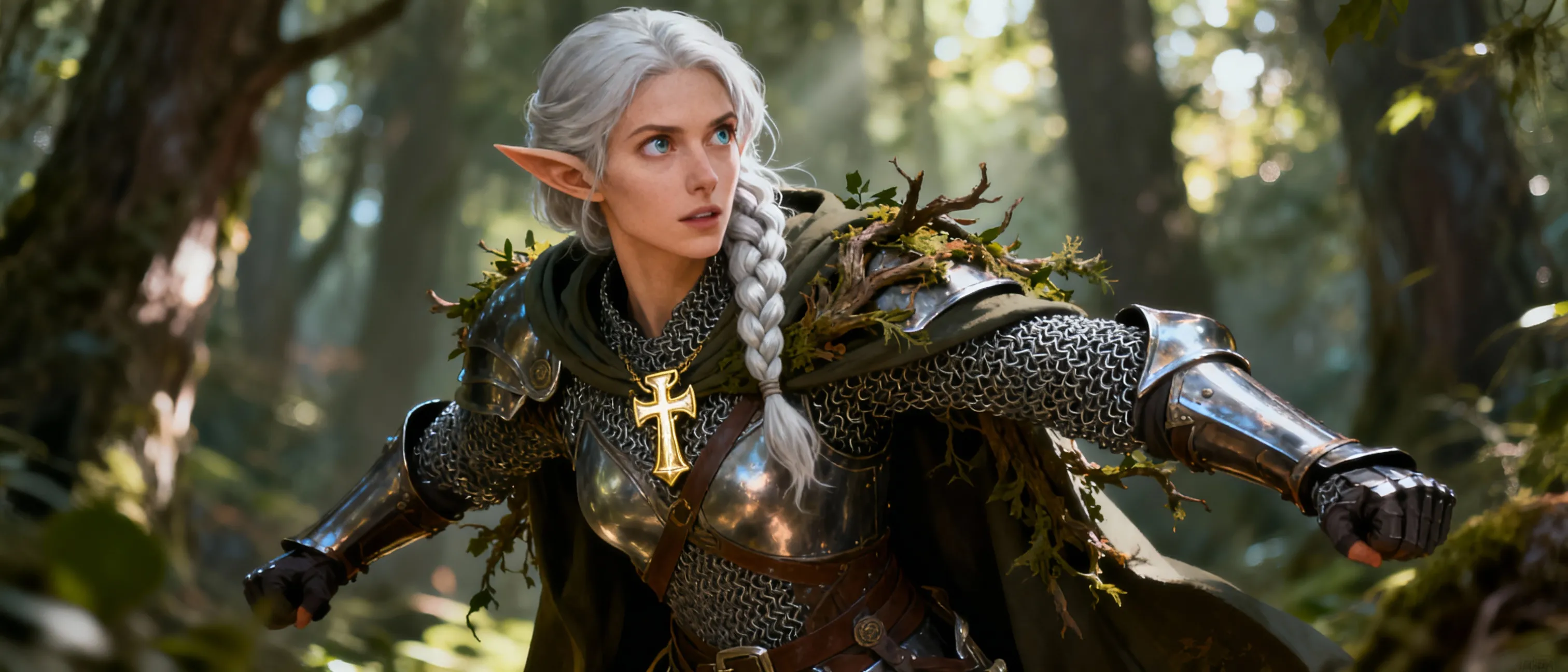 A tall, lithe half-elf with silver-white hair braided to fall over a shoulder, wearing polished chainmail and a gleaming holy symbol. Her eyes gleam with fervor and curiosity, reflecting a blend of elven calm and human resolve. The wild, ancient forests seem to cling to her cloak as if a part of her oath.