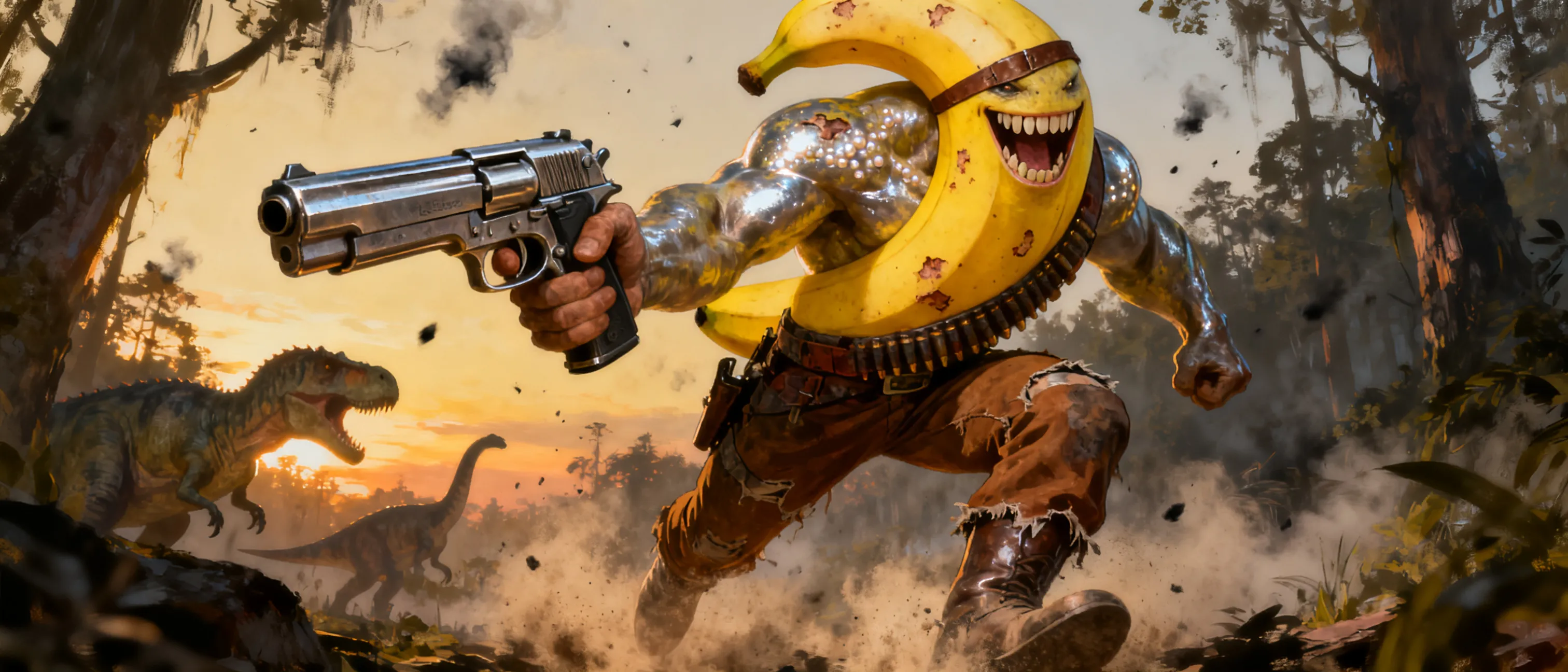 A towering, sun-yellowed humanoid with a banana-like torso, curved posture, and a broad grinning maw full of flat teeth. His yellow skin is mottled with dozens of old bite marks — some his own handiwork — and he cradles an oversized, chrome-and-pearl hand cannon (a 'Desert Eagle') that looks absurdly large in his grip. He wears a battered bandolier, torn brown trousers, and a leather strap across his brow. Behind him: a dinosaur-haunted forest at dusk, ash drifting in the air. Style: gritty dark-fantasy character portrait, painterly, dramatic rim lighting.