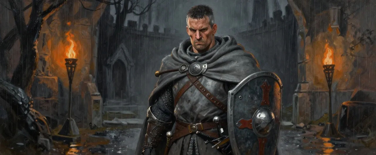 A broad-shouldered human man in his forties, wearing the ash-grey cloak of the Ash Watch over a battered chain hauberk, a dented kite shield slung on his back and a notched longsword at his hip. He has a broken nose set slightly crooked, deep frown lines, a permanent scowl, and short cropped dark hair going grey at the temples. He stands in a rain-slick keep courtyard at night, torchlight behind him, his jaw set with grim, weary obedience. Painterly dark fantasy style, muted greys and ash tones with torch-orange highlights.