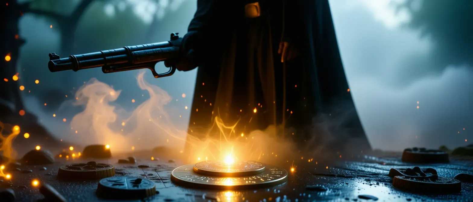 A brooding figure dressed in shadows holding a firearm gleaming with magic runes, standing before an unmarked coin reflecting sinister fate.