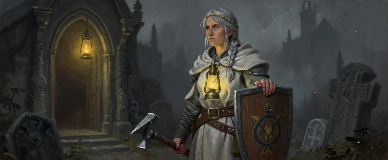 A weathered dwarf woman in her sixties, broad-shouldered and iron-grey, with braided silver hair bound in a temple cord. She wears a dented but well-kept suit of chain mail over a white-and-grey habit, a wooden shield painted with a lantern sigil, and a mace hanging at her belt. A brass holy symbol shaped like an open lantern hangs at her throat, glowing faintly. Her hands are cracked from lye and digging graves, her eyes patient and unsentimental. Behind her, the doorway of the Temple of Mercy glows with a single burning lantern against the fog of a plague-dark city. Painterly dark-fantasy style, muted greys and warm lantern light.