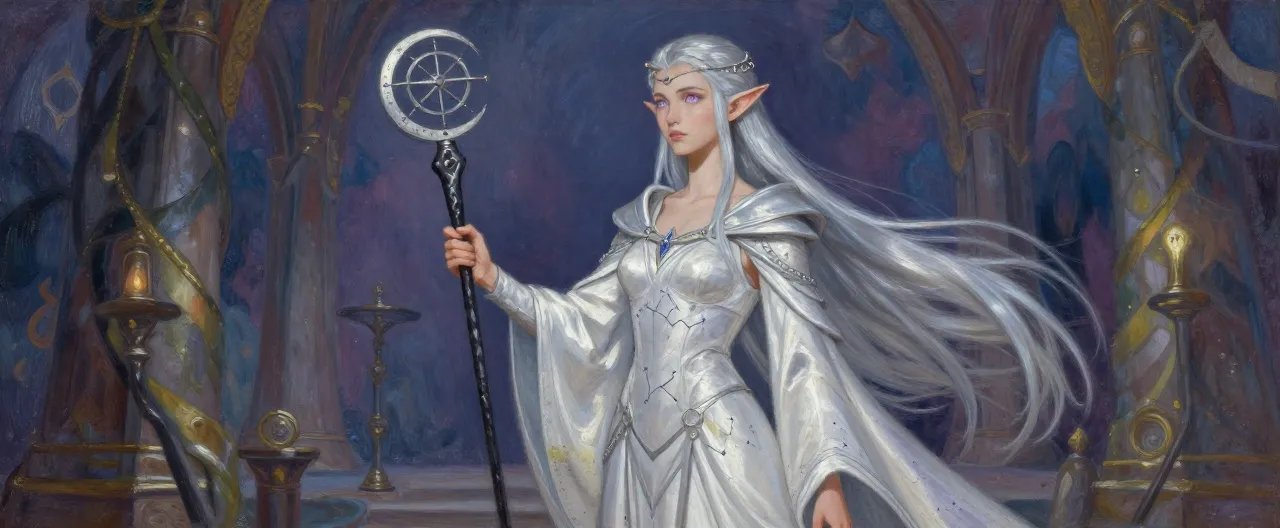 An ancient high elf woman, tall and impossibly composed, standing in the moonlit council chamber of Sylvaneth Enclave. Silver hair falls in a single unbroken sheet to her waist; her eyes are pale violet, ancient and unhurried. She wears layered silver-white robes embroidered with constellation patterns, a thin moonstone circlet, and carries a blackwood staff topped with a slowly turning silver astrolabe. Ash dust from the Scar never quite settles on her hem.