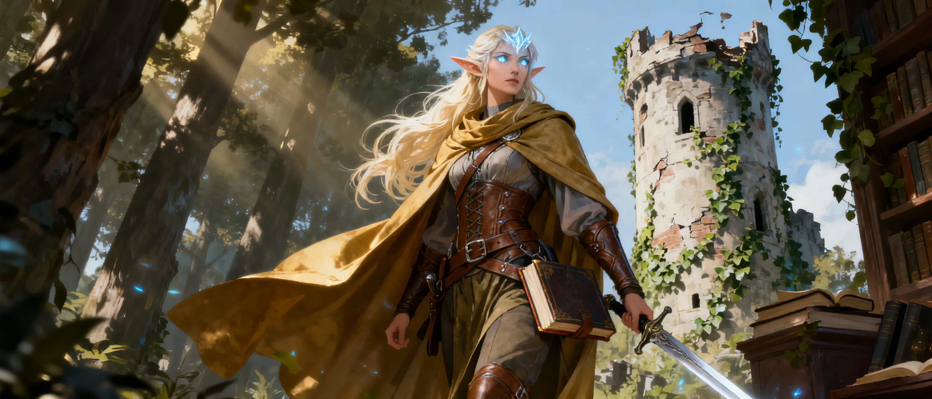 elf female 20 years old, mage fighter, long blonde hair