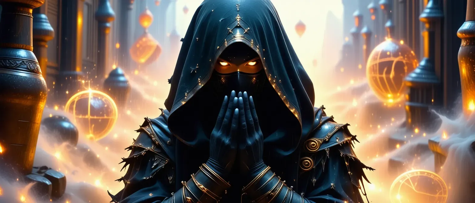 A cloaked figure with a glimmering mask concealing their face, surrounded by arcane artifacts and shimmering runes.