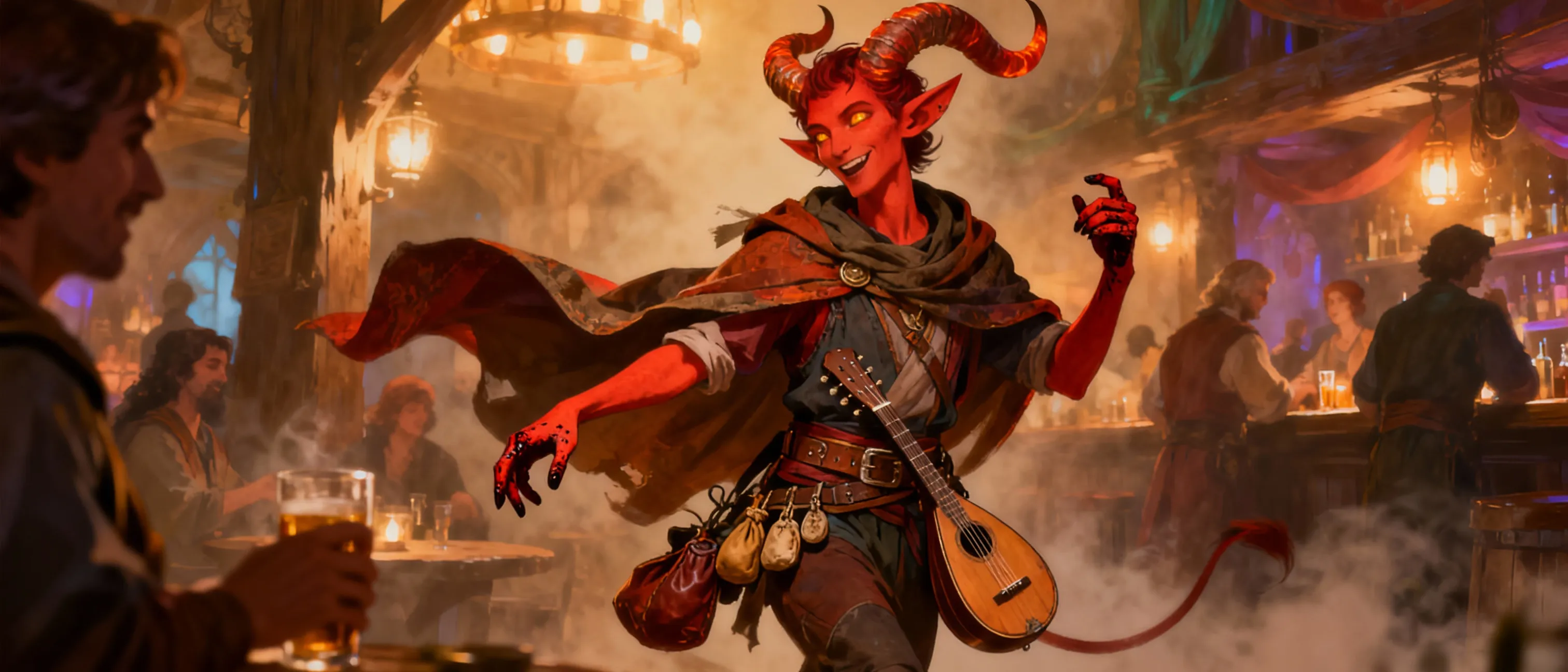 A slender tiefling with ember-red skin and curling horns, covered in a mismatched cloak and belt of pouches. Their eyes gleam with mischief and warmth, a tavern's glow reflected in them. A lute hangs at their hip, and their fingers are stained with the memory of countless drinks and songs. They move with a practiced ease, as if the world is a stage, and every street corner a new audience. They’re often found in smoky taverns or bustling markets, where stories flow as freely as the ale.