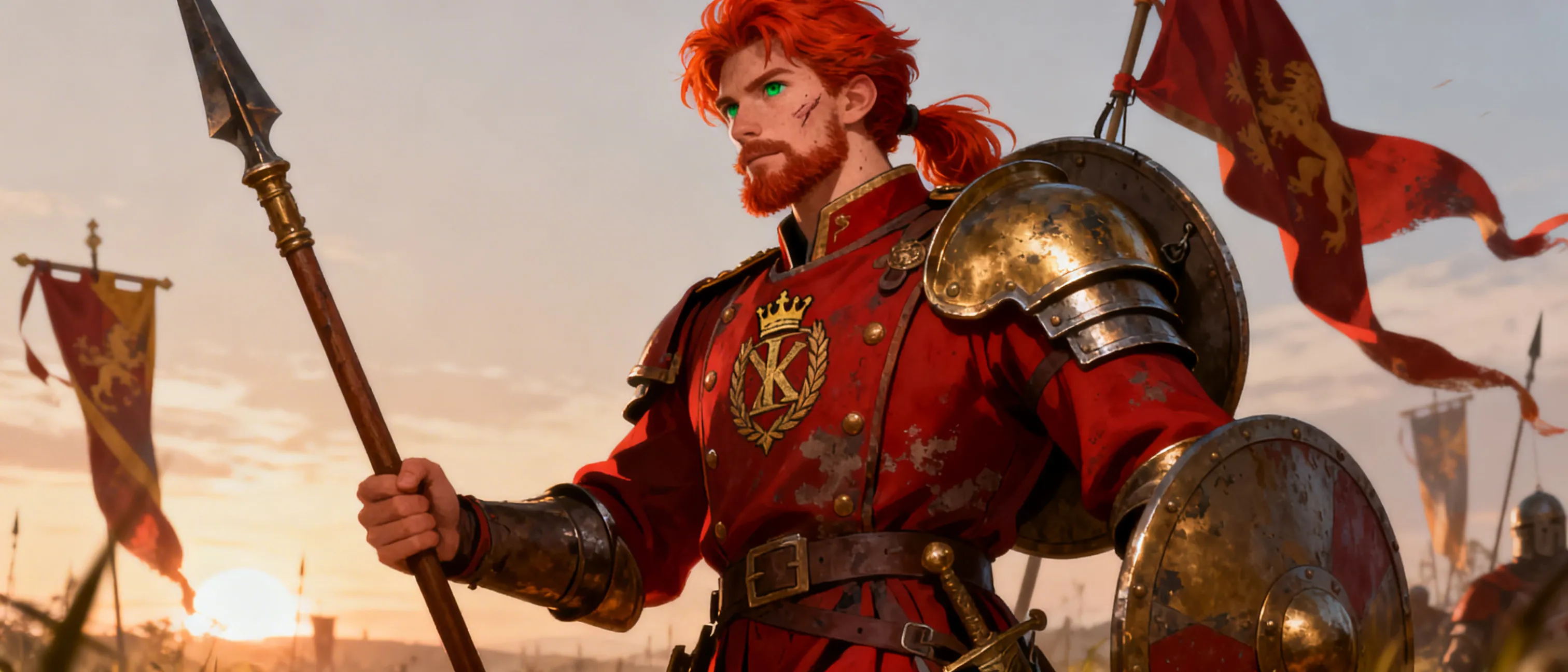 young redheaded, red-bearded general of the king's army