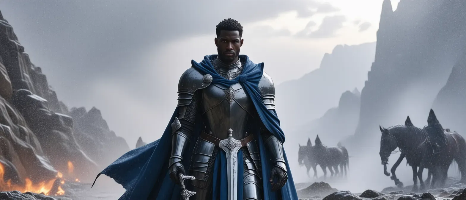 A tall human knight in gleaming armor, with a blue cape and an ornate sword. He has a stern but noble expression.