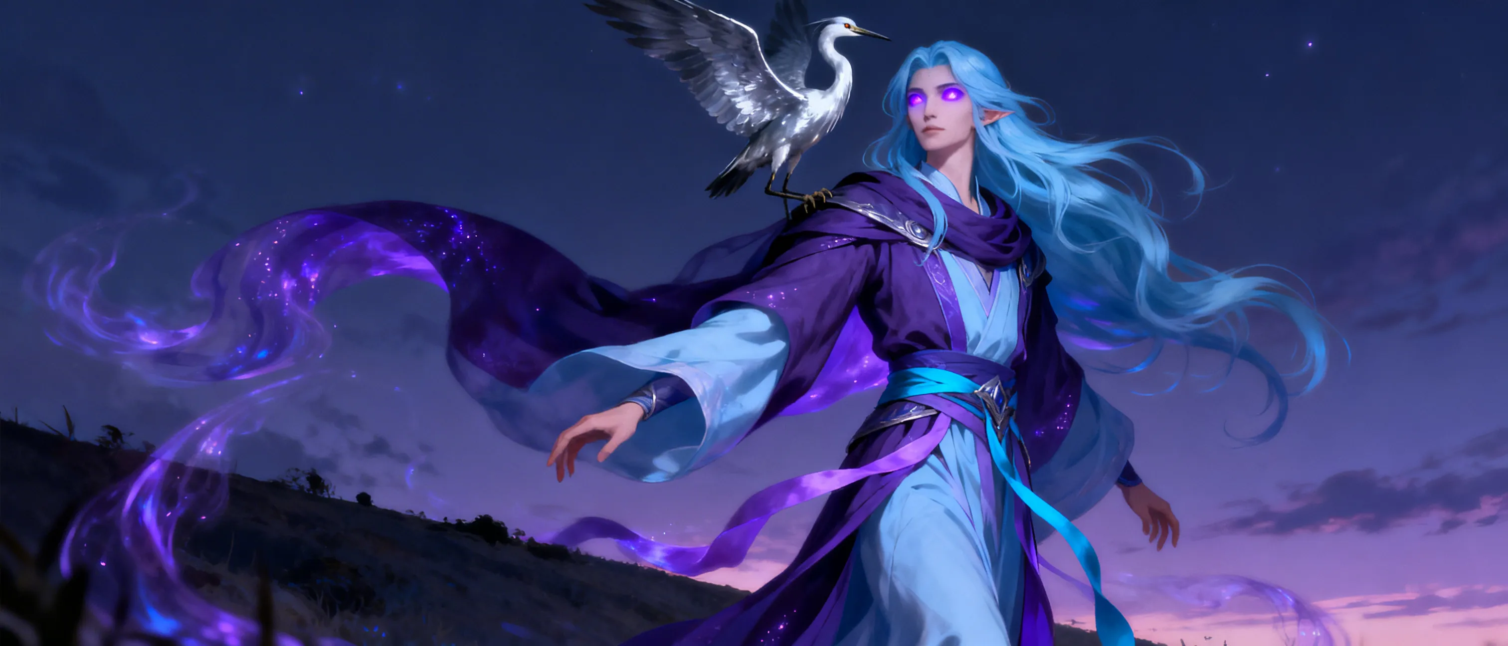 the benevolent goddess of death is pale-skinned has long, sky blue hair, purple eyes, and wears clothes in varying shades of purple.  and sky blue