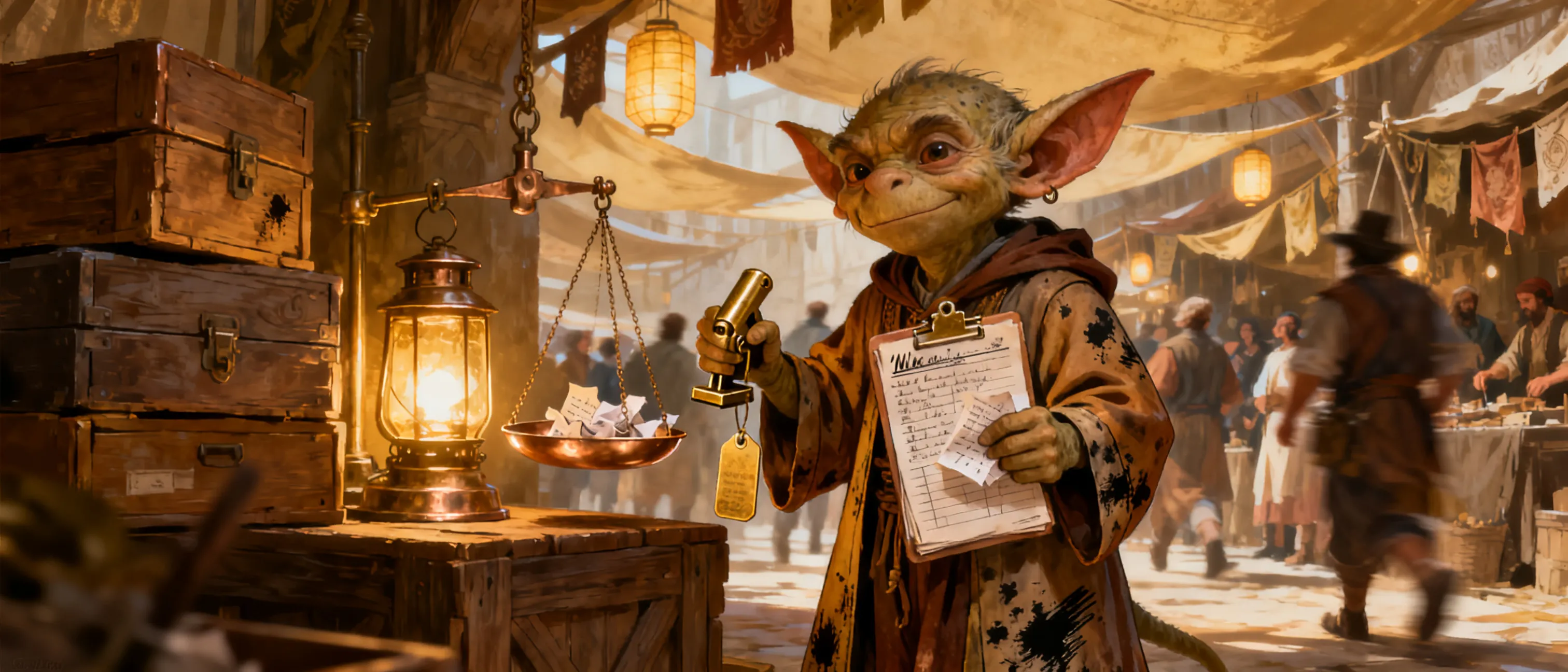 A small copper-scaled kobold tally-master in ink-stained ledger robes, clutching receipts and a brass tag punch beside stacked crates and lanterns in a crowded indoor bazaar.