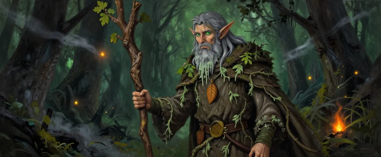 An ancient wood elf druid stands at the edge of a burned grove, moss hanging from his gray beard like living lichen. His bark-brown robes are woven with living vines, and he leans on a staff of living oak — its leaves still green despite the ash drifting on the wind. Around his neck hangs a wooden amulet carved in the shape of a leaf, and his sharp green eyes hold centuries of grief and stubborn hope. Behind him, blackened tree trunks give way to the deep green shadow of the Thornwood, and fireflies gather around his staff like tiny lanterns. Style: painterly fantasy character portrait, muted greens and ash grays, warm ember accents, dramatic side lighting through the canopy.