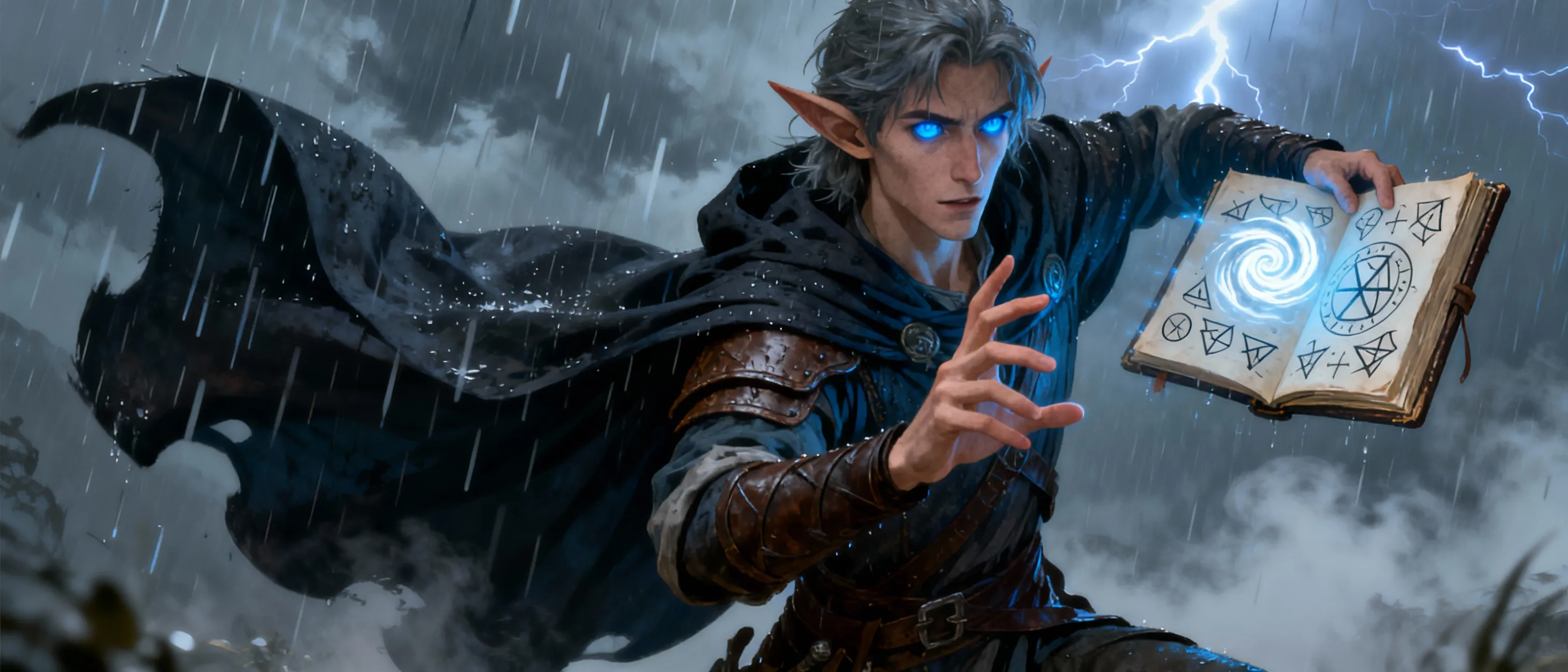 A lean, perceptive half-elf with a rain-streaked cloak, eyes like storm-light, and a notebook of strange runes. From another world, Jaden bears uneasy calm and a hunger to understand strange magics.