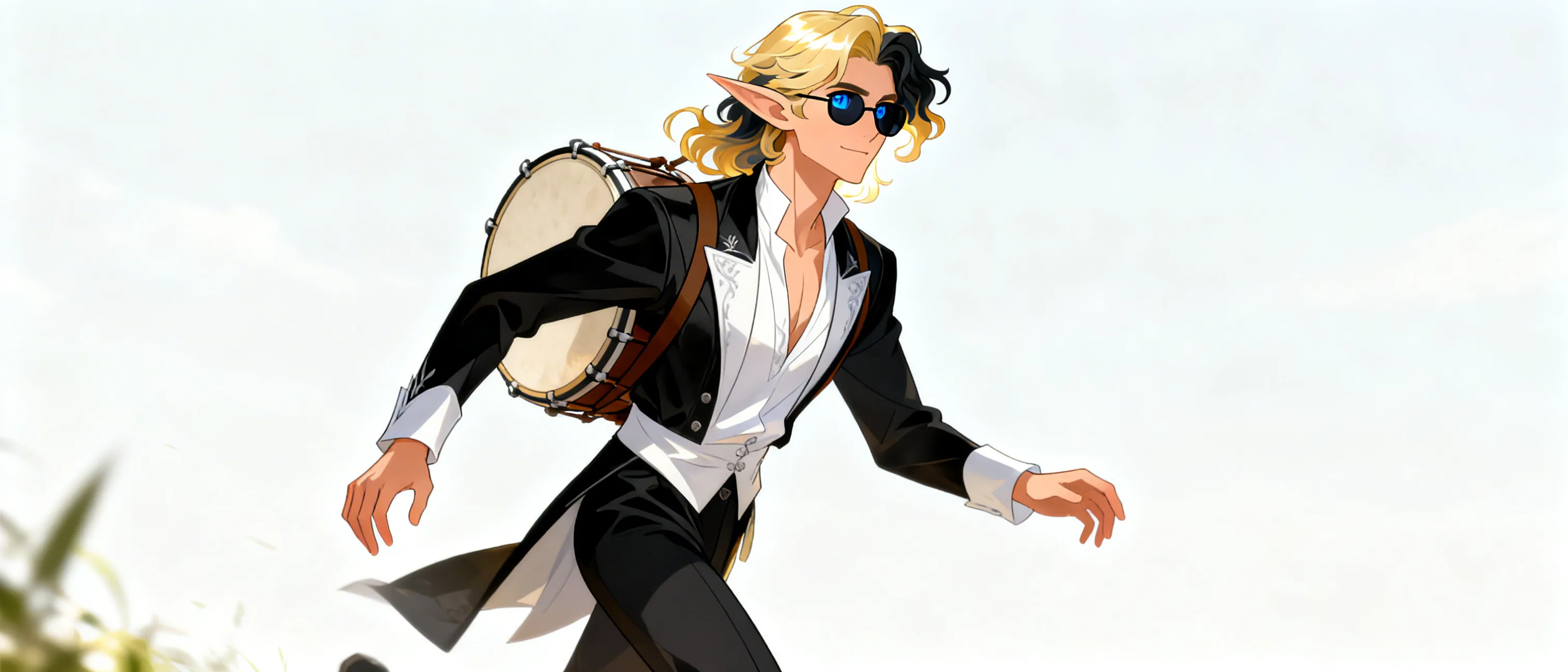 Male half elf bard, 49 years of age.

Blond hair with dark roots styled in a medium length wavy haircut.
Blue eyes covered by dark tinted spectacles.

Grew up in a middle class family in an average sized town.

Developed a love for the thunderous beating of drums and chose to play one as his instrument of choice. Formed a band with 3 other friends and began traveling around the world playing music for any audience they could find.

Liked to wear fine clothing, preferring the colours black and white.