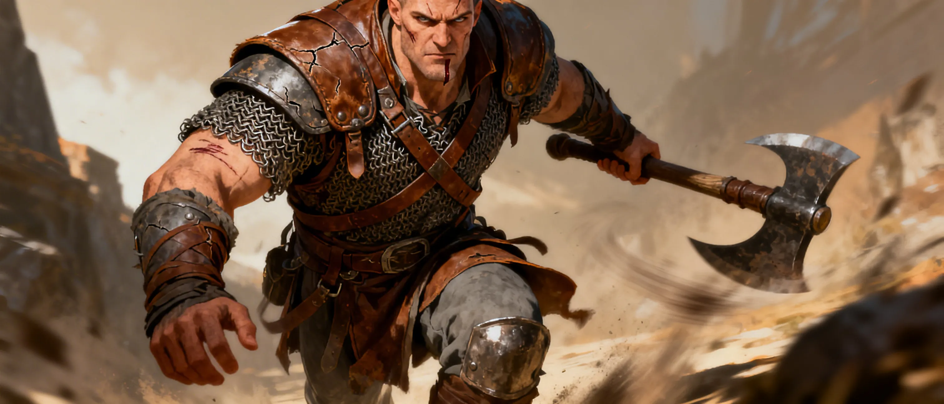 A tall, strap-scarred enforcer in weathered leather and chain mail, with a watchful gaze and a scar across the jaw. He moves with ruthless efficiency, always two steps ahead in a silent, disciplined stride.