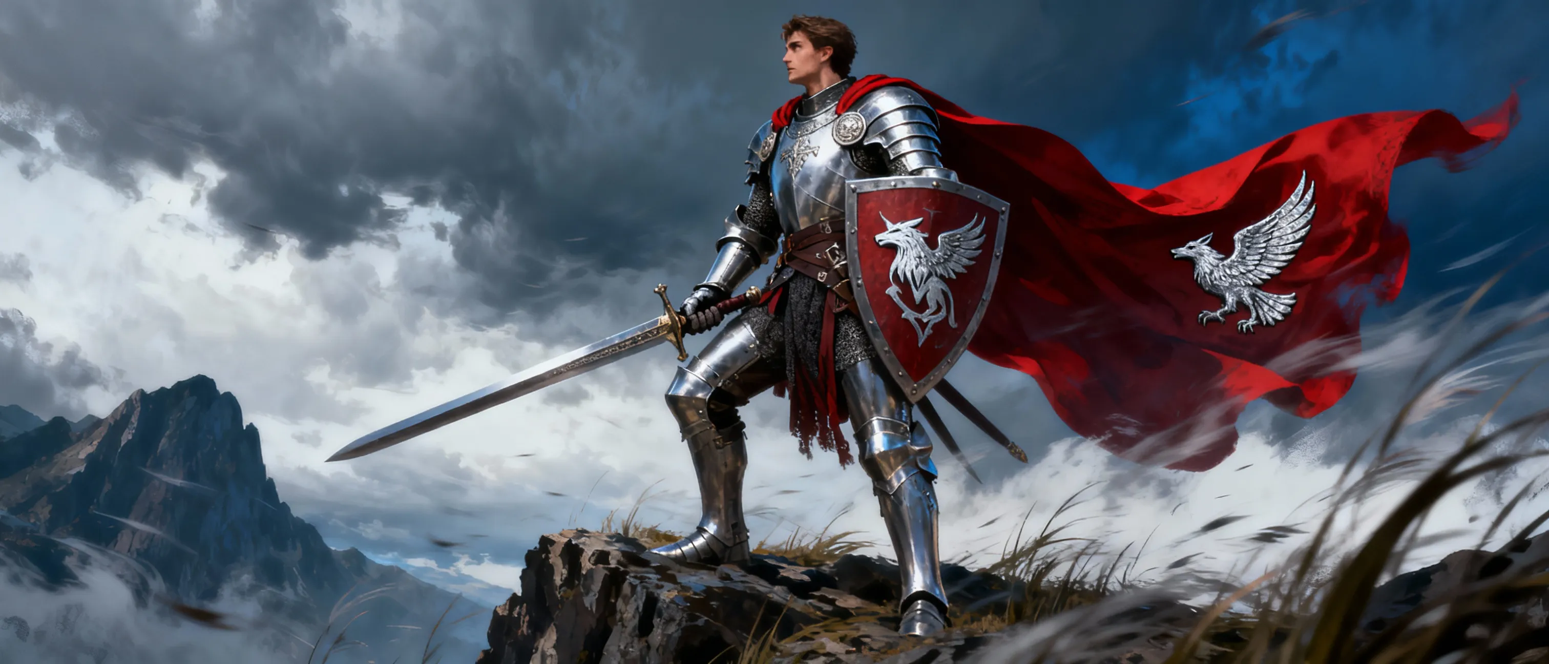 A tall, armored knight in gleaming plate mail stands on a wind-swept cliff. A crimson cape billows behind him, bearing a silver hawk crest. His shield bears his family’s ancient sigil, and his eyes carry the quiet resolve of a guardian.