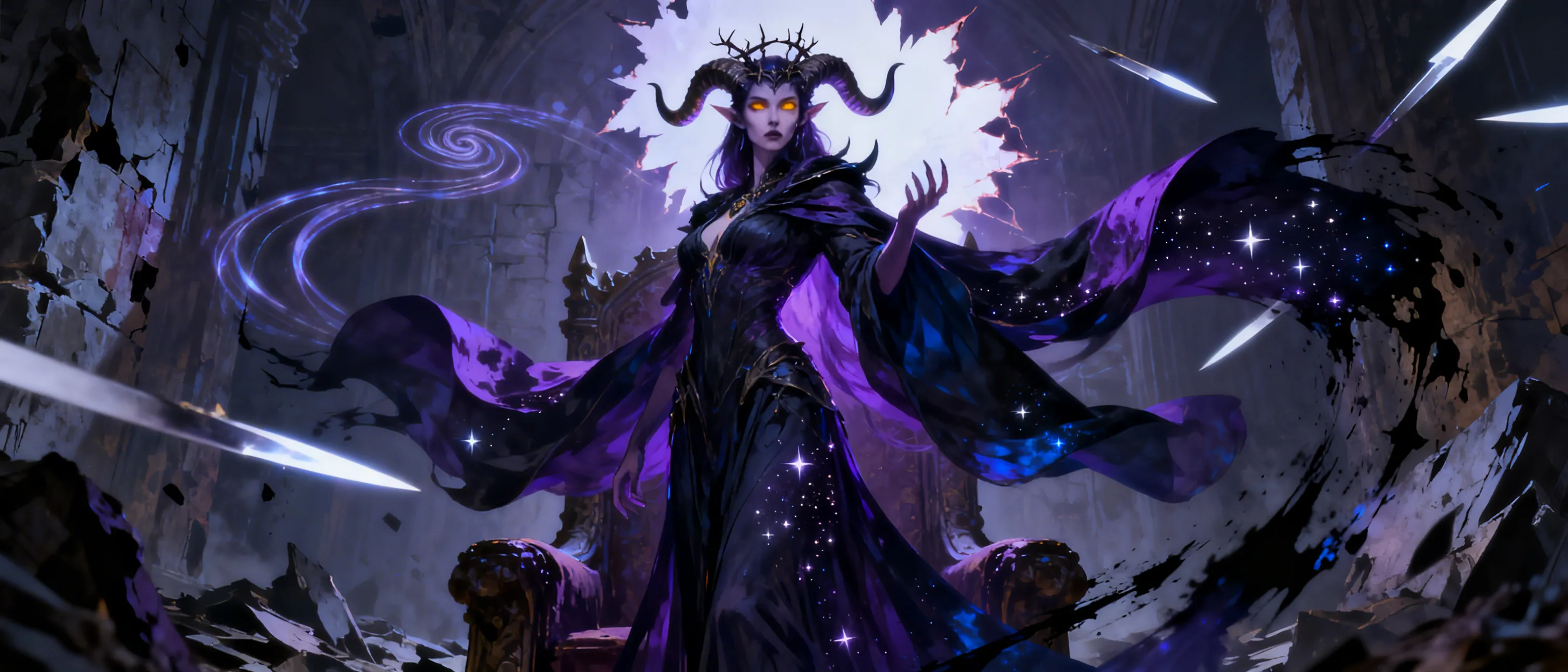 Vespa, the Veil-Tearer (level 20): Once a respected human archmage and mother in a border kingdom, Vespa lost her young son to a sudden demonic incursion from the Abyss. In grief-stricken desperation, she performed an ancient ritual meant to close planar rifts forever. Instead, it tore open a massive, ever-widening Wound, flooding the realm with horrors. Now a tiefling-like figure twisted by abyssal energy, she rules the blighted heartlands, claiming the invasion forges stronger survivors while secretly hunting artifacts to resurrect her child amid the chaos she created.