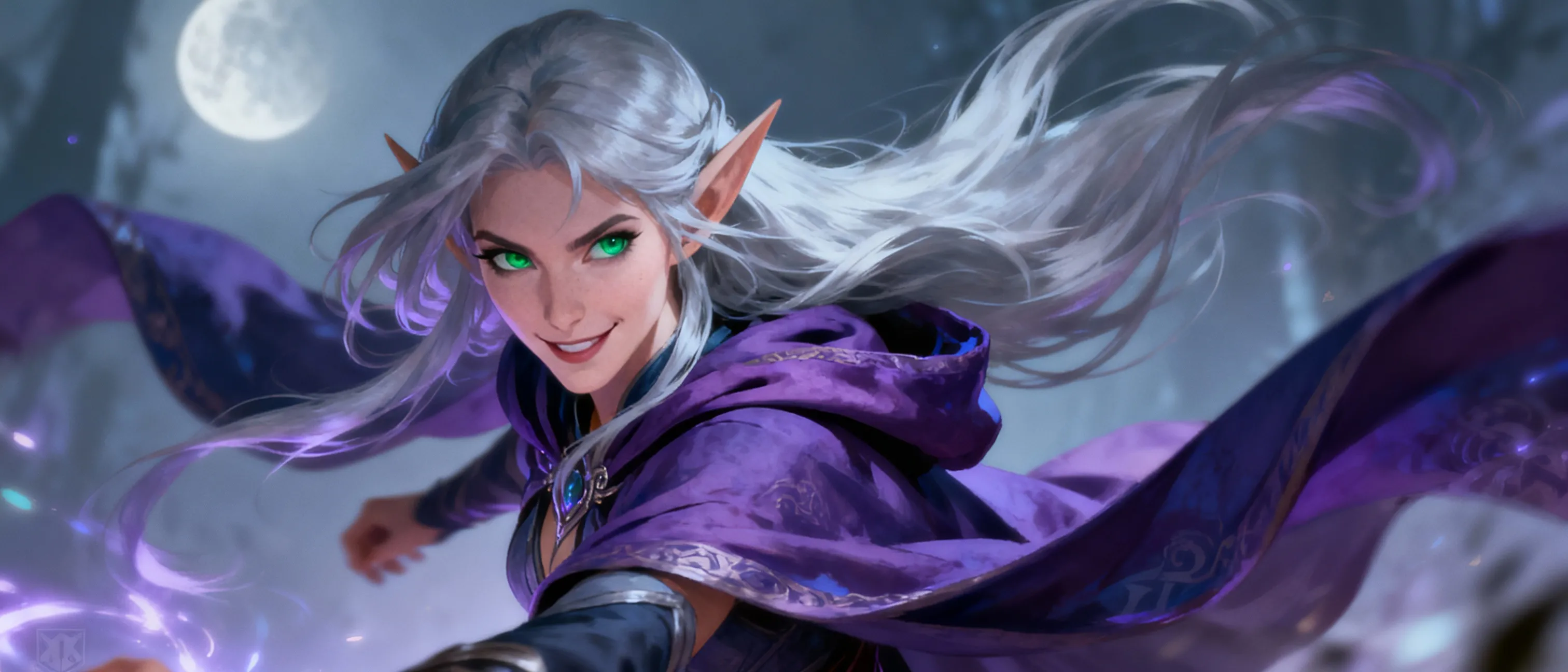 An elven woman with piercing emerald eyes, hair like moonlit silver, cloaked in lilac and twilight hues. She moves with a sly, beguiling grace, a hint of mischief in every smile.