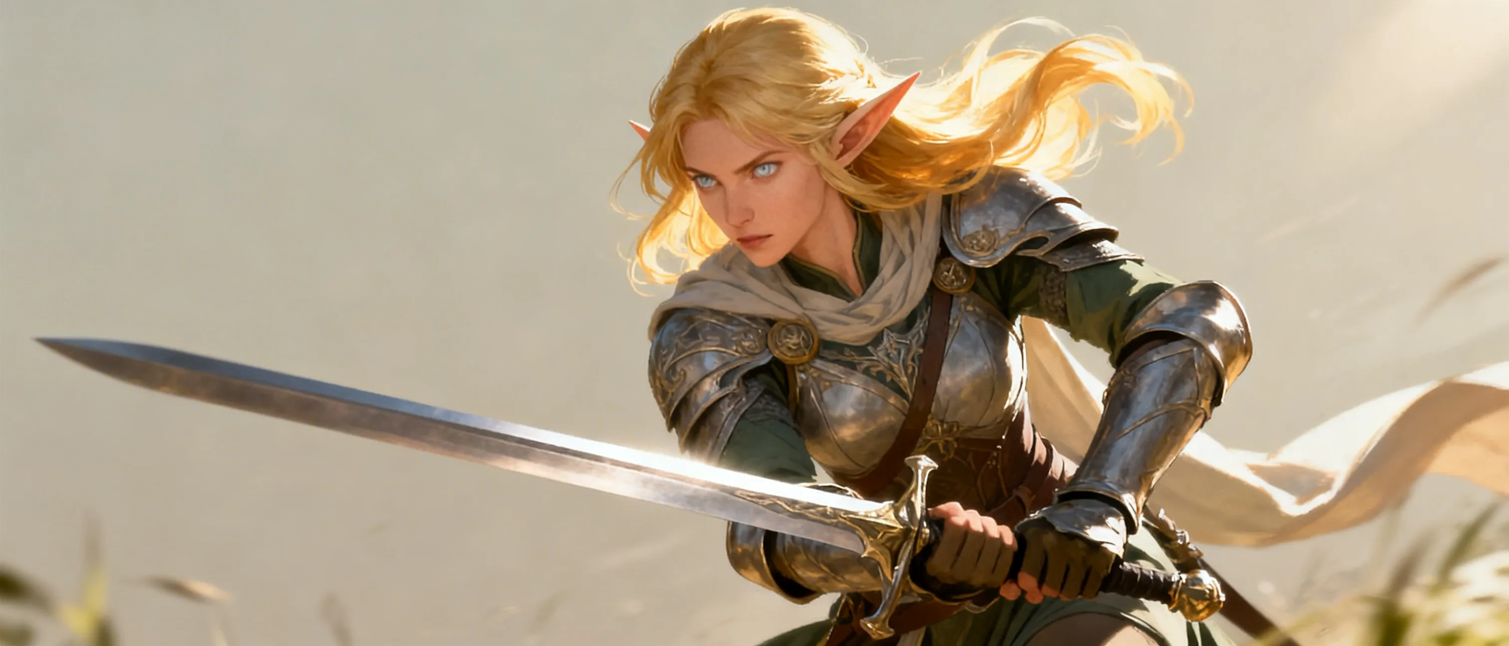 blonde grey-eyed noble swordswoman of high elvish descent