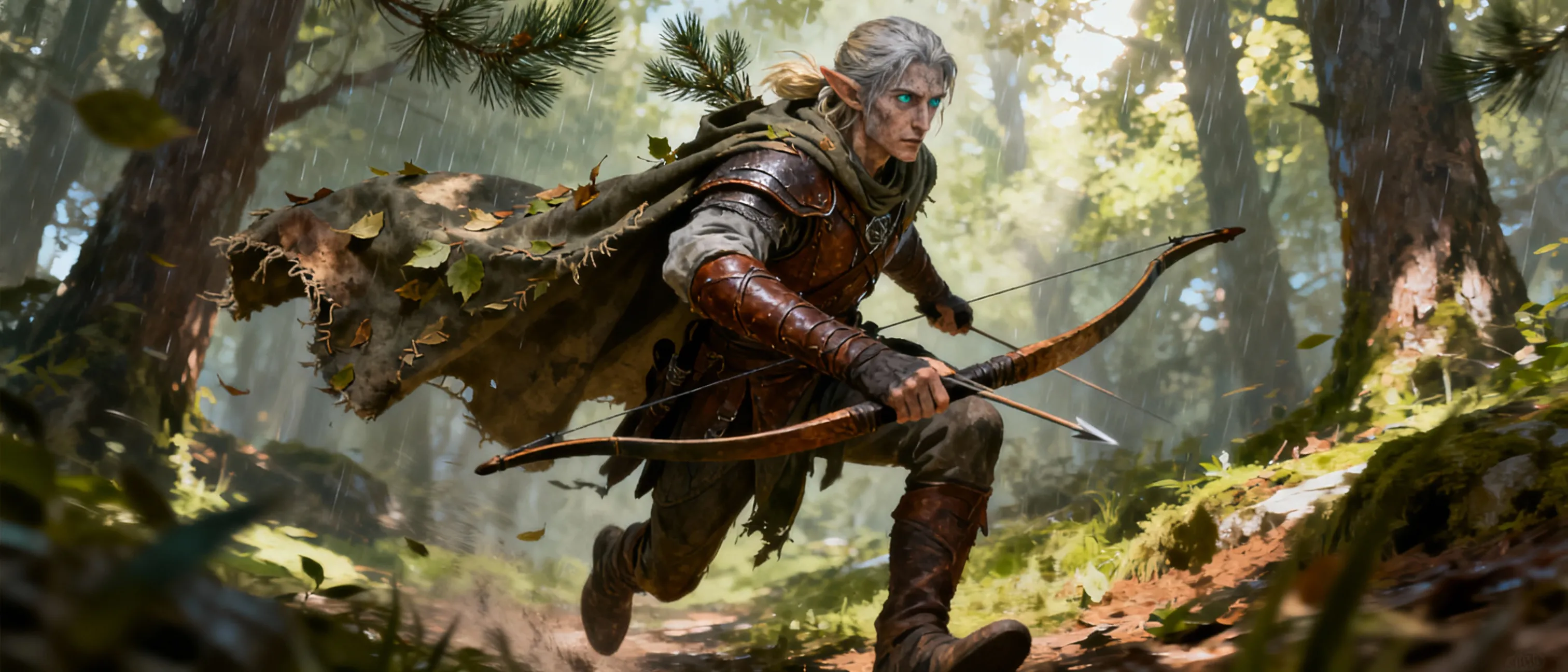 A tall, weathered figure with ash-blonde hair tied back, eyes the color of rain-washed stone. A cloak stitched with stray leaves and the faint scent of pine drapes over worn leather armor. They move with the quiet precision of someone who has learned to listen to the wind and follow tracks unseen by most.
