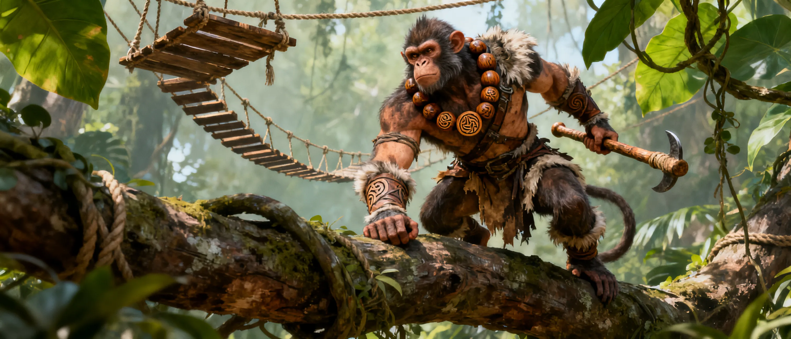 A muscular tree-dwelling simian warrior with carved hardwood beads, hide armor, and a quarterstaff, standing on a jungle branch above hanging trade routes.
