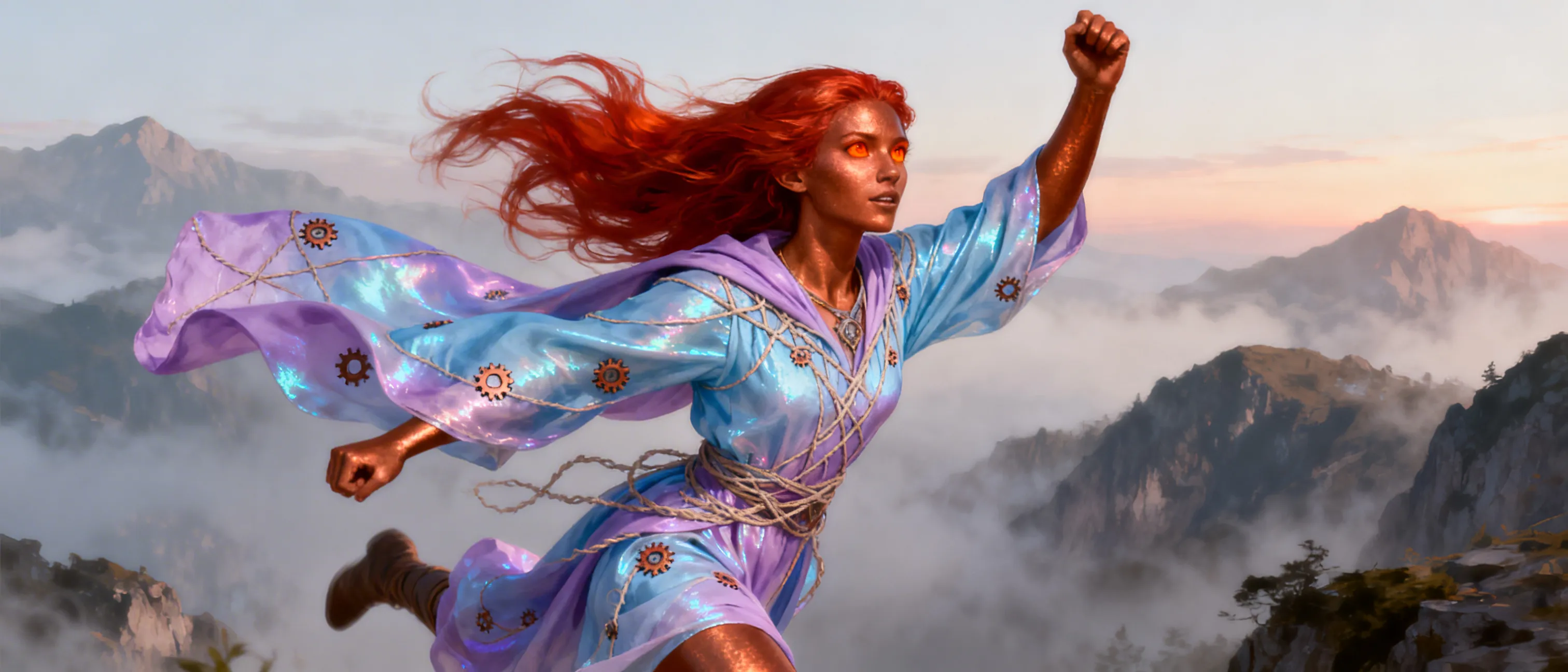 the goddess of creation has long red hair, copper skin, orange eyes, and wears pastel blue and lavender