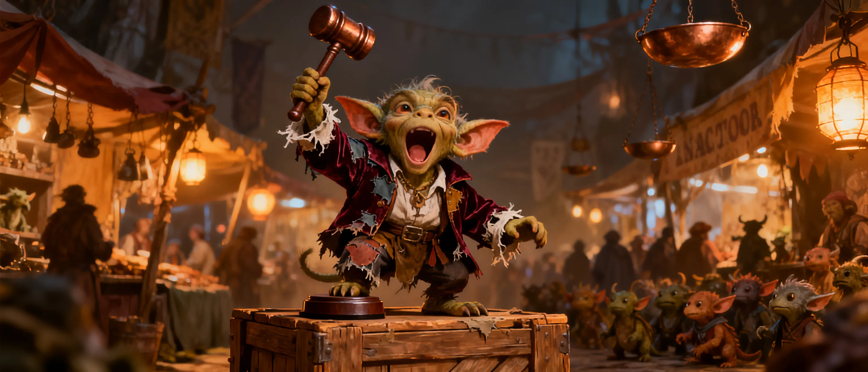 Small copper-scaled kobold in patched auction finery, standing on a crate with a gavel and shouting bids in a lantern-lit underwork bazaar.