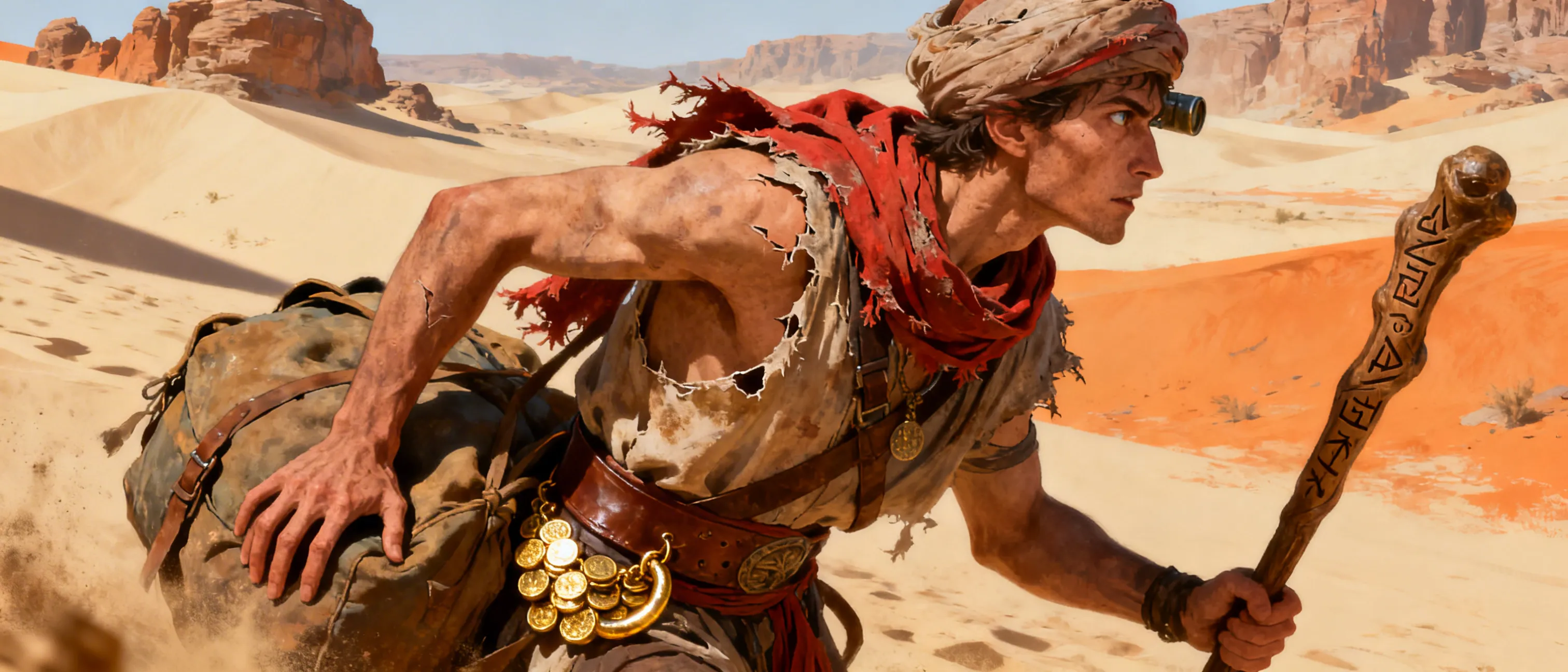 A lean, sun-worn desert trader with a gashed scarf and a glittering ring of coins tucked beneath his sash, eyes always scanning trade routes and potential marks.