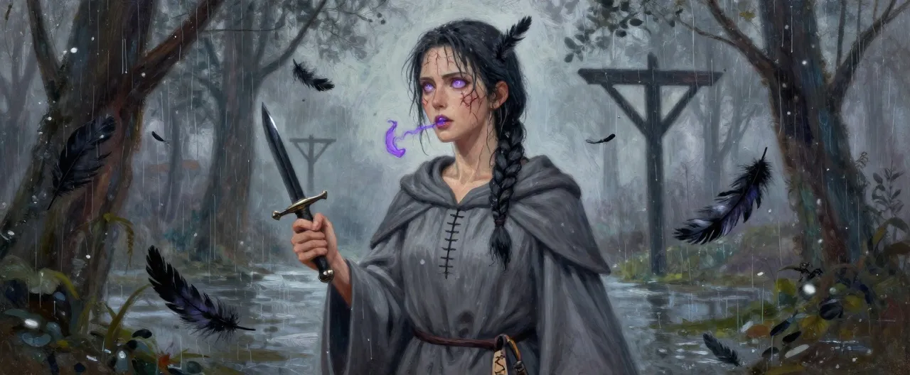 A gaunt woman in a gray Choir robe stands at the edge of a rain-flooded ford, gallows silhouetted behind her. Her face bears three old scars raking from brow to jaw, and a single black feather is braided into dark, rain-soaked hair. Her eyes are pale violet, lit from within like a rift, and violet whispers curl from her lips as she speaks. A sigil of stitched skin hangs at her belt; in one hand she holds a dagger of black glass. Black feathers drift around her like snow.