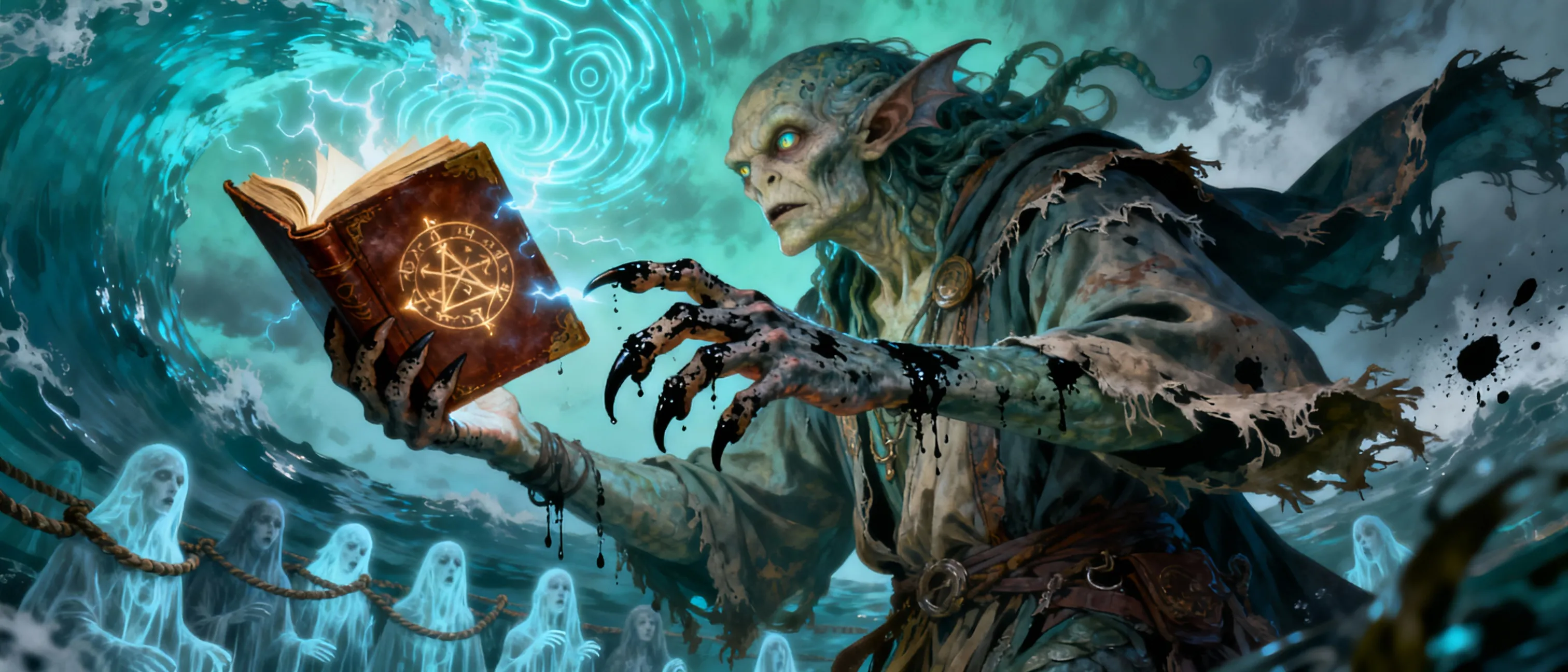 A sea-hag paralegal who trades voices for power. Mechanically, she maintains “Contract Slots.” A creature can borrow a cantrip or feature; she holds their Voice Die, which she spends to amplify spells or impose silence. Break the deal, and the die shatters into thunder damage. Personal quest: reclaim her chorus from a cathedral sunk upside-down. Hook: audience decides contract clauses; clever loopholes grant boons. Signature spell: Tidal Stage—creates a watery proscenium; any performance checks within can heal, harm, or enthrall depending on the act’s reception.