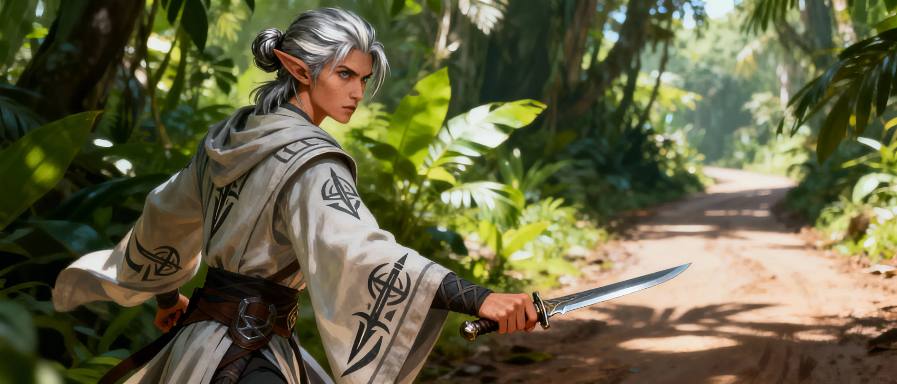 A lithe half-elf with silver-streaked hair tied in a practical knot, wearing a lightweight robe interwoven with blade-like sigils. They carry a short blade at the hip and a focused, wary gaze, standing at the edge of a jungle road.