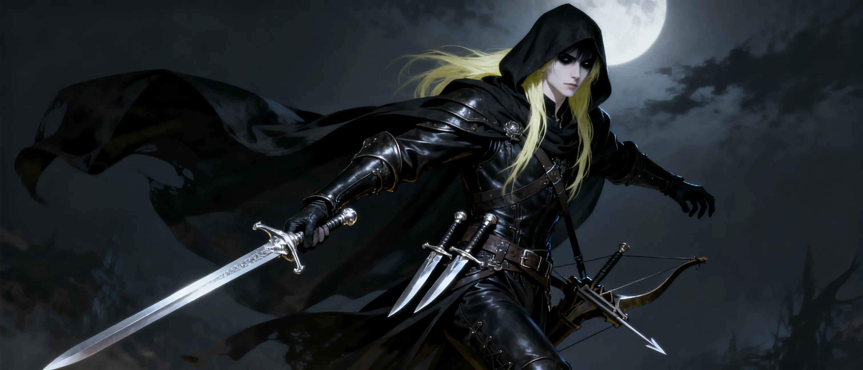 A tall, slender young man with long pale yellowish-blond hair falling past his shoulders, ghostly pale skin, and striking black irises that catch light like polished obsidian. He wears a black hooded cloak over fitted dark leather armor, a silver rapier at his hip, twin steel daggers at his belt, and a hand crossbow strapped beneath the cloak. His expression is reserved, aristocratic, and quietly haunted — a nobleman of the night who despises what he was born to be.