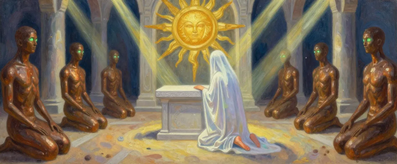A translucent ghost in faded white Keeper's robes, barefoot, kneeling eternally at a white stone altar before a golden sun-disk, in a dust-halled monastery lined with bronze statues of kneeling figures whose eyes glow faint green, shafts of desert light falling through a sun-shaped doorway.