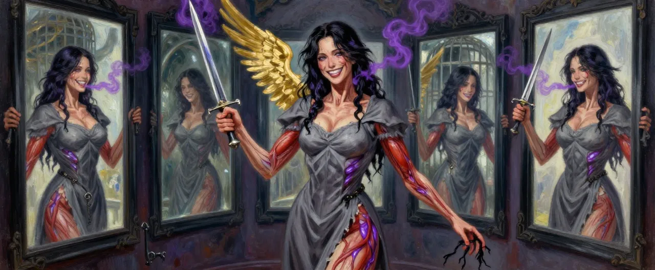 A gaunt woman stands amid a hall of black-framed mirrors, her gray Choir robe torn open on the left side to reveal raw red muscle and veins of violet void-light where skin should be. A black feather is braided into her lank dark hair, and her scarred face is split by a patient, terrible smile. Her right hand grips a silver ritual dagger; her left arm ends in fingers of flayed sinew trailing black threads. In the mirrors behind her, a dozen identical Nirras move in perfect unison, each one smiling a half-second earlier than she does. Violet whispers curl from her mouth like smoke, and a heavy iron key hangs at her hip on a cord of braided hair. Behind her, one mirror does not reflect her at all — it shows a golden wing beating against a cage of nothing.