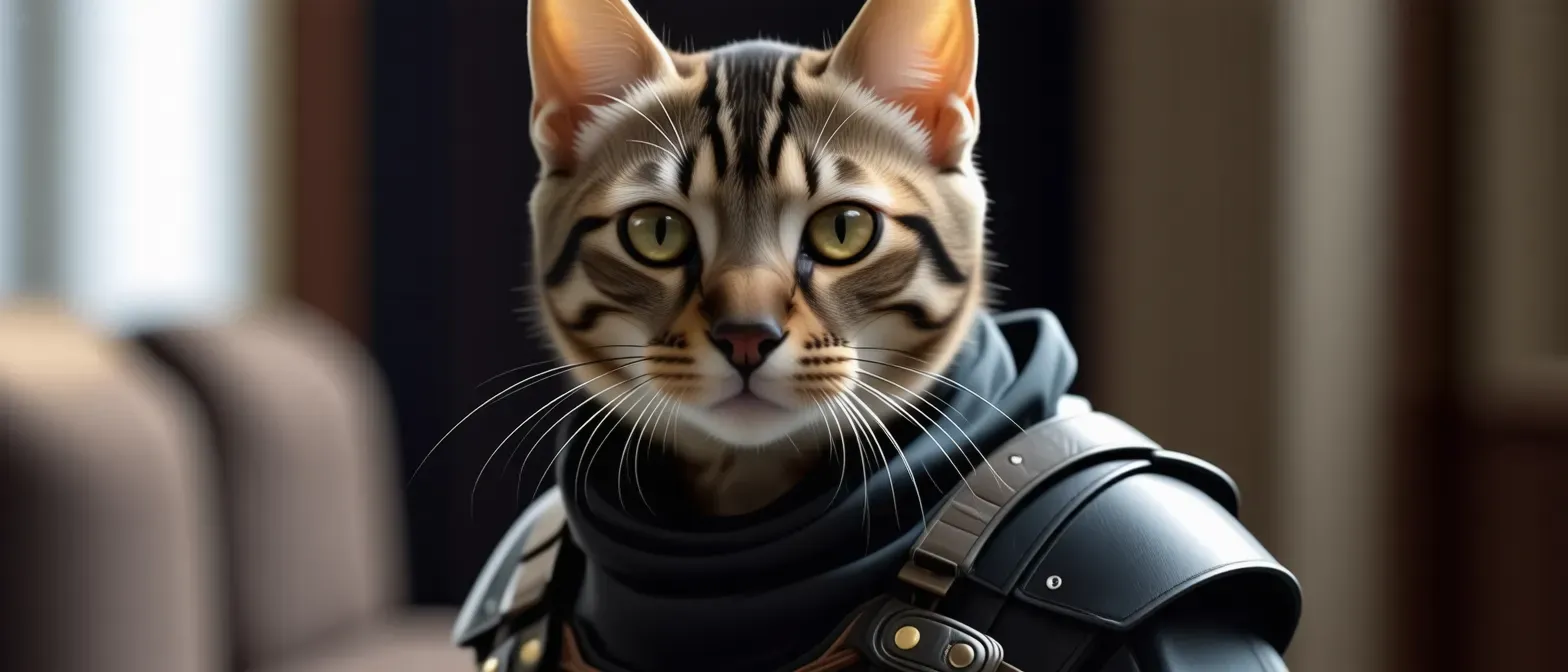 A sleek, light-coated Tabaxi with piercing green eyes and a mischievous grin. Dressed in dark leather, perfect for stealth.