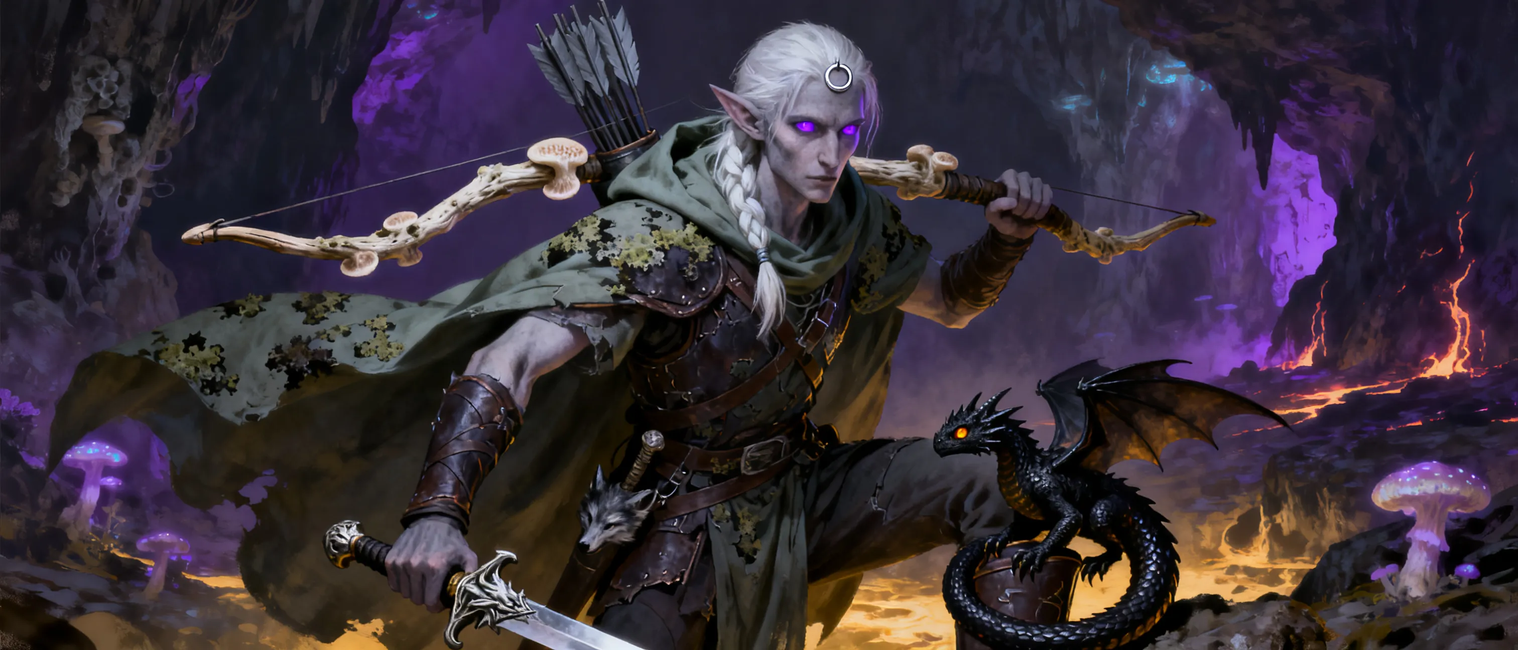 A drow elf ranger from house Xylos'zar whose original name is Zar'koth Xylos'zar. He fell in love with the heir to the house Zar'lissandra and sired a child with her. The House matron discovered the affair, sent the child to be raised by other drow and exiled Zar'koth to the further reaches of the Underdark. In exile he has chosen to be known as Zar'koth Nightwolf to disguise his lineage. In exile, he had a dream of a dark figure surrounded by a cloud of winged creatures laying a hand on Zar'koth's shoulder. When he awoke a small black dragon was sitting near him staring at him. It now accompanies him in his adventures in the Underdark and on the surface.