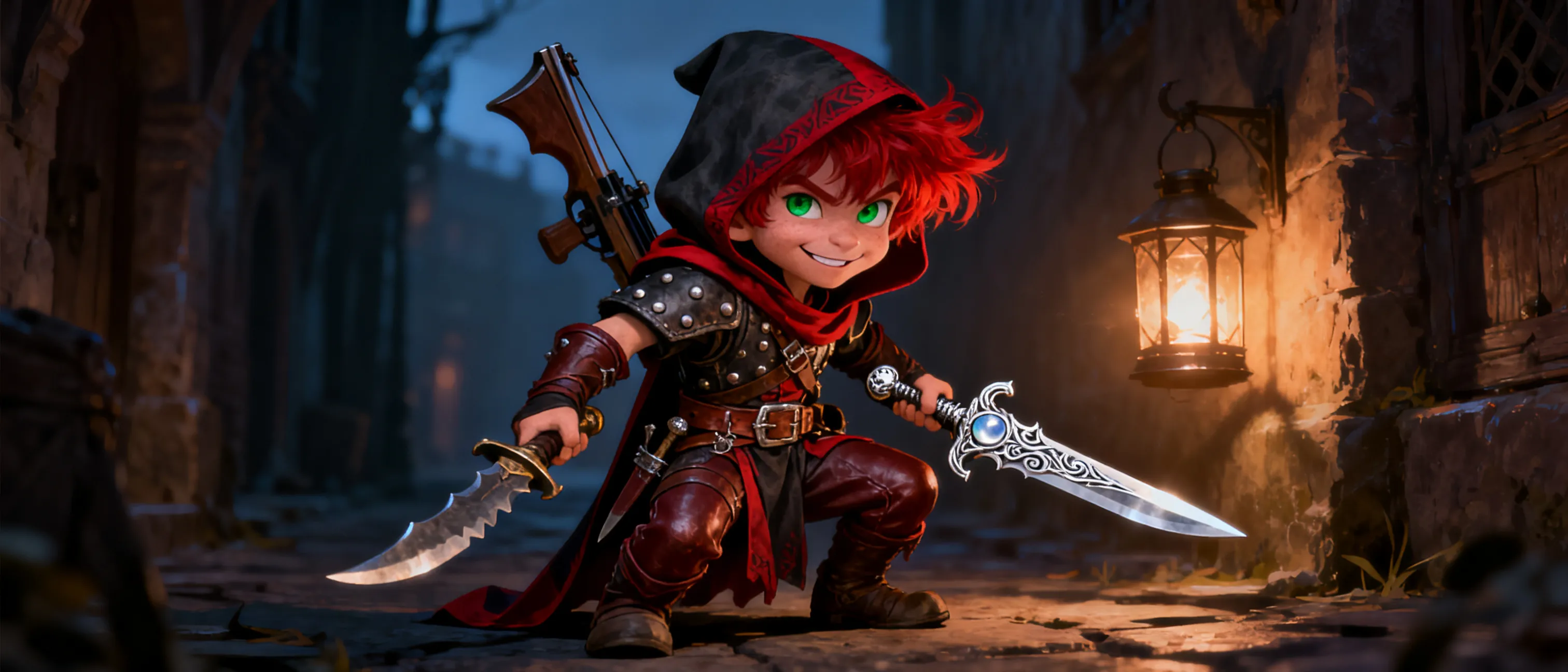 Male Halfling rogue with red hair. A rising member of the Shadowmasters of Telflamm, very proficient with two daggers, one in each hand. One dagger was taken from an Orc warrior, while he was sleeping. The other dagger, an expertly crafted and ornately decorated Elven dagger, advantagiously picked up after an Elven Ranger was wounded in battle, dropping the dagger, and rescued. This young Halfling was drawn to the energy and fast pace of city living. He left his hamlet, for the "big city", only to fall to the Dark underbelly and criminal lifestyle. Using his natural stealth and diminutive stature to his favor, he has quickly shown great promise with the Shadowmasters. He wears a studded leather shirt with leather pants. He wears a hooded robe in the colors of his thieve's guild. He also carries a one handed crossbow as a backup, but much prefers two daggers, one in each hand.