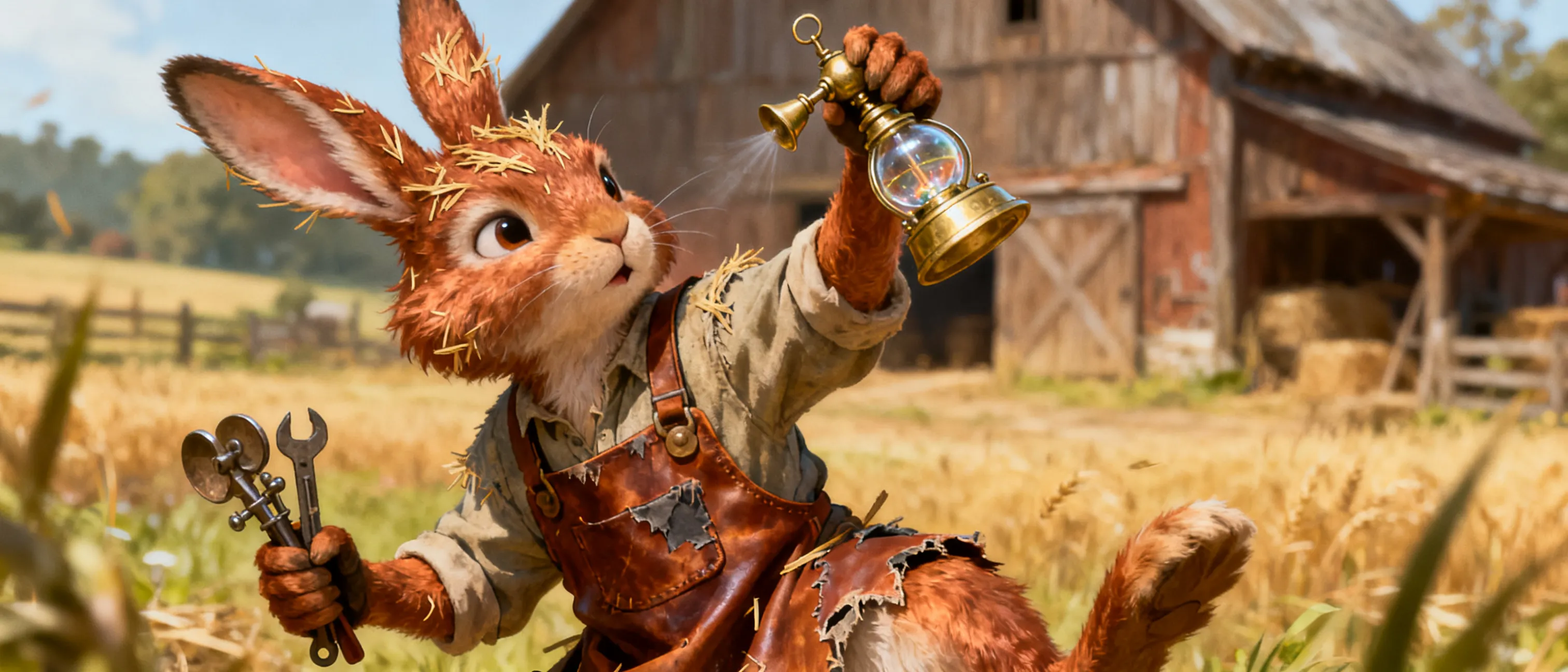A small, alert haregon with bobbed ears, coppery fur flecked with straw, wearing a patched leather apron over rough farm clothes. In one paw they hold a delicate, humming device of brass and glass; in the other, a tinker’s toolkit. The barn and fields loom in the background. 