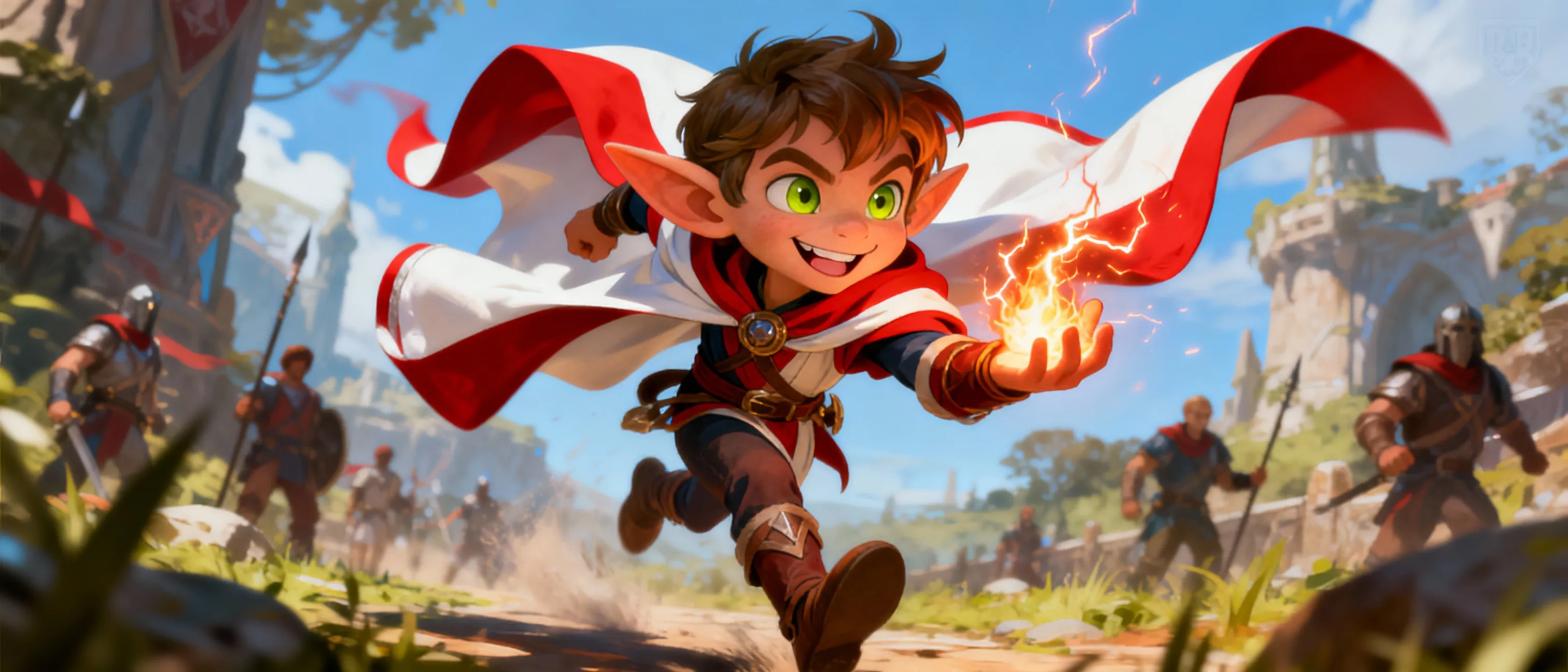 A lithe halfling with bright eyes and a mischievous grin, Ostran bears a subtle, supernatural mark: one ear noticeably larger than the other. He moves with a quick, nimble grace, his cloak of Boros red and white fluttering as he carries a crackling ember within his palm. His gaze hints at a fiery temperament and a stubborn, lawful streak forged by countless drills and patrols.