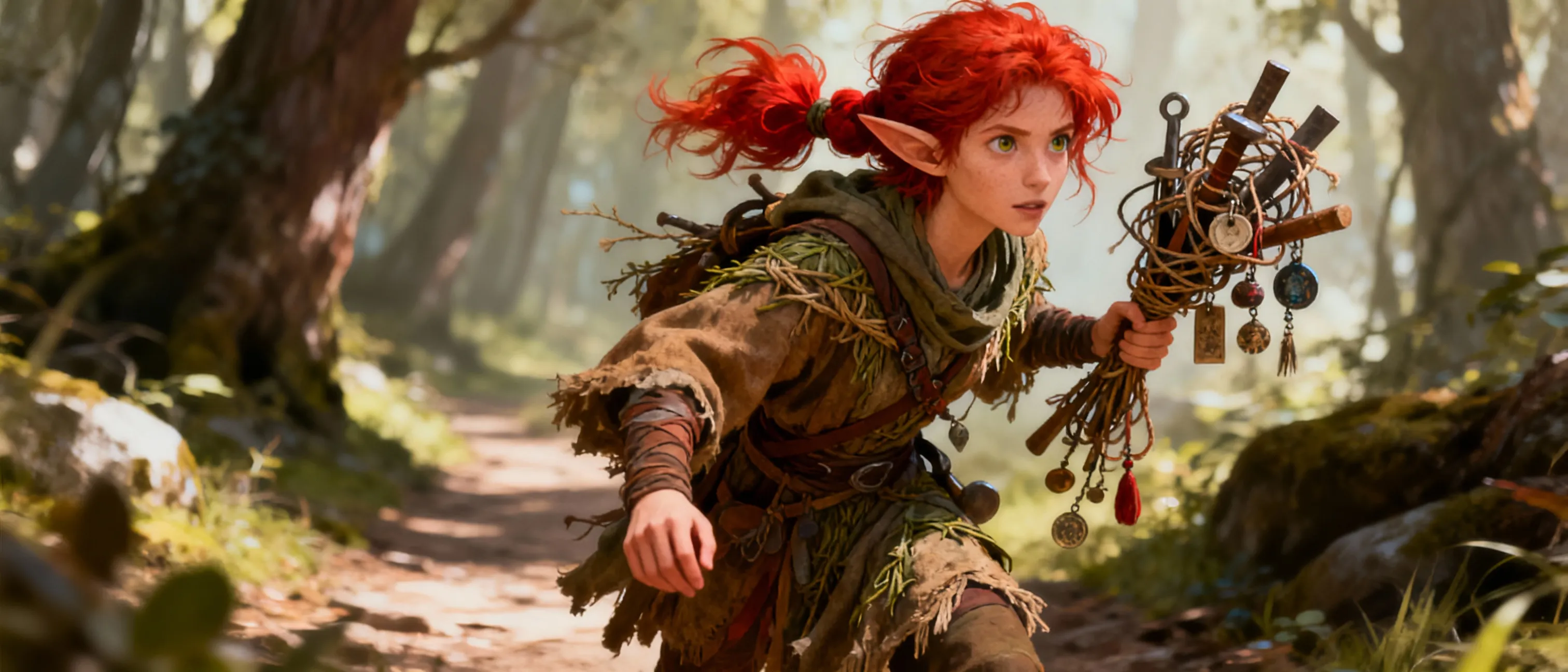 A lithe elf with fiery red hair tied in messy pigtails, standing at 5’3”. Dressed in well-worn nature-woven robes and carrying a handmade tangle of tools and trinkets. Her eyes are observant, curious, and guarded, like someone who moved quietly through forests and towns alike.