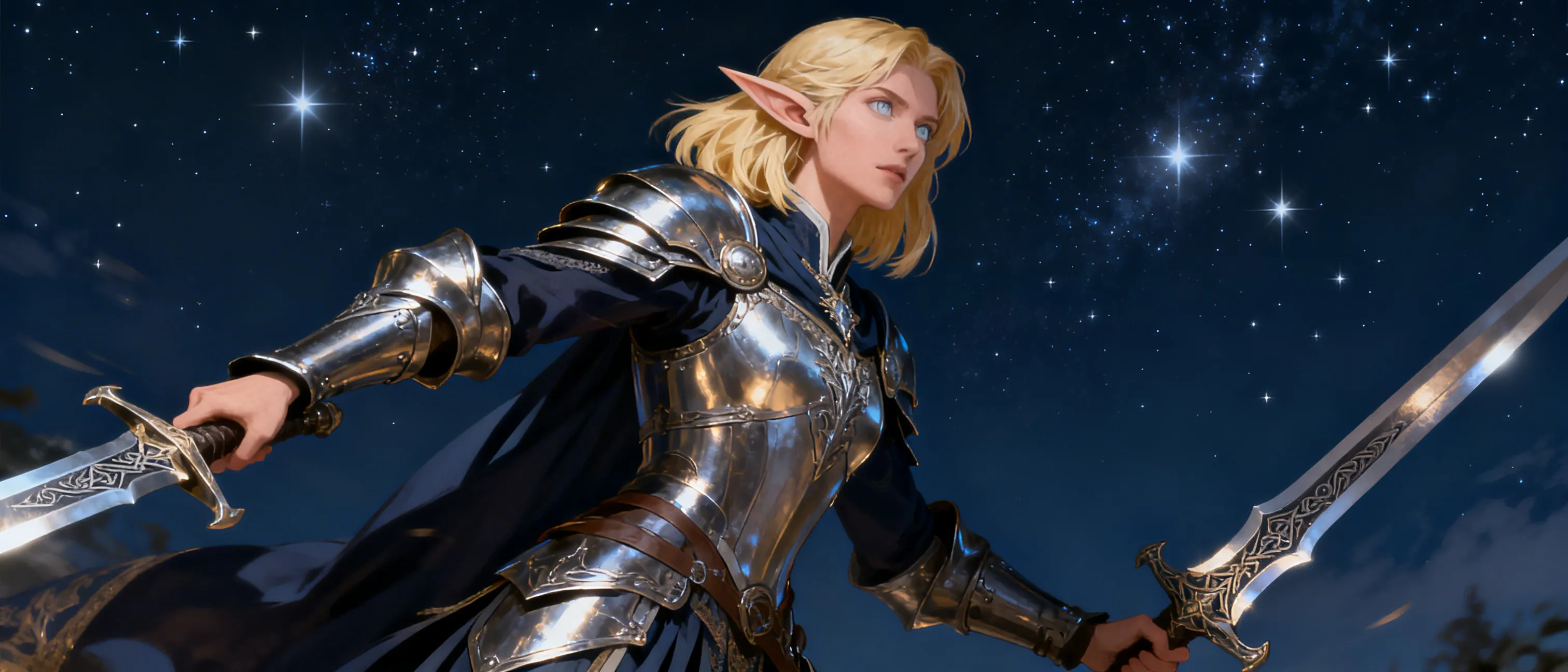 blonde grey-eyed noble swordswoman of high elvish descent