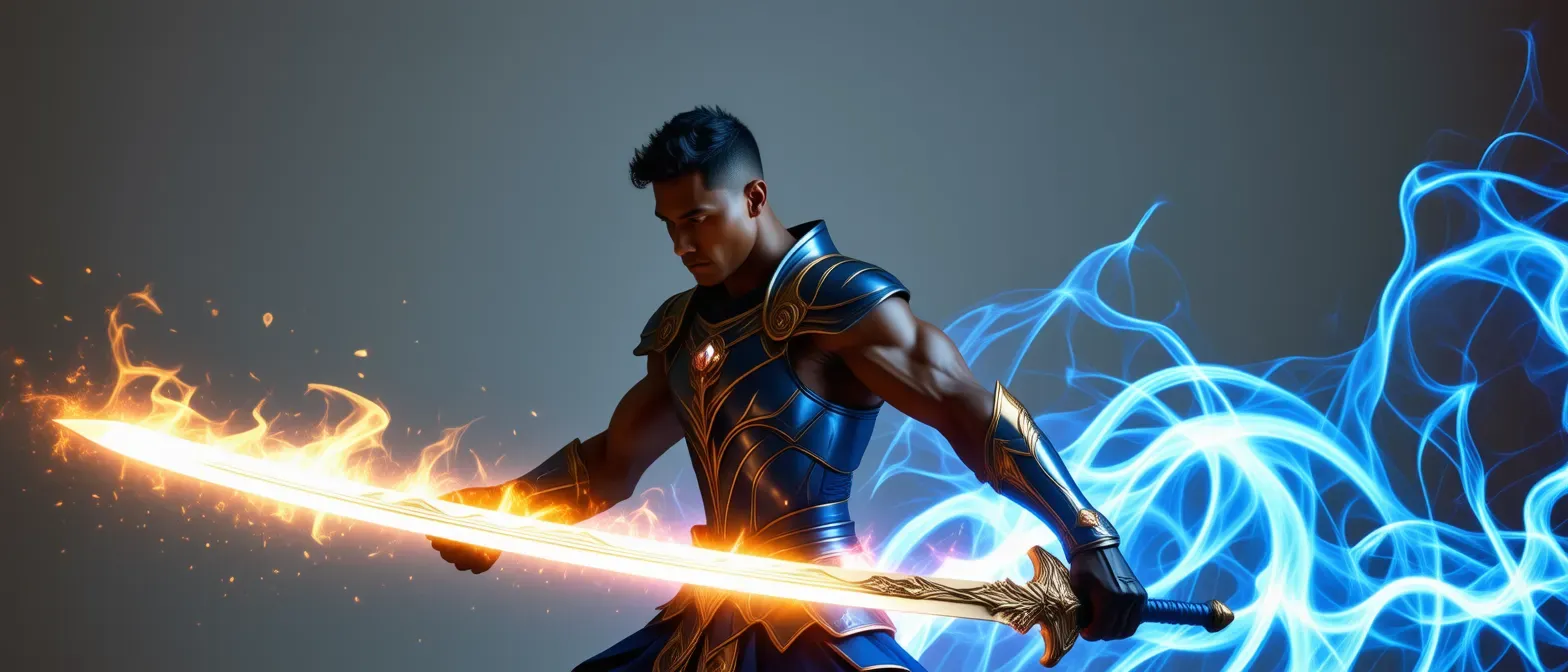 A muscular human with short-cropped hair, clad in ornate armor, brandishing a sword igniting with elemental energy.